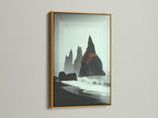 Iceland Black Sand Beach canvas in a gold frame. The seascape art brings a touch of elegance to any space. Minimalist nature art is perfect for beach home decor. This Nordic landscape art is a travel inspired print.