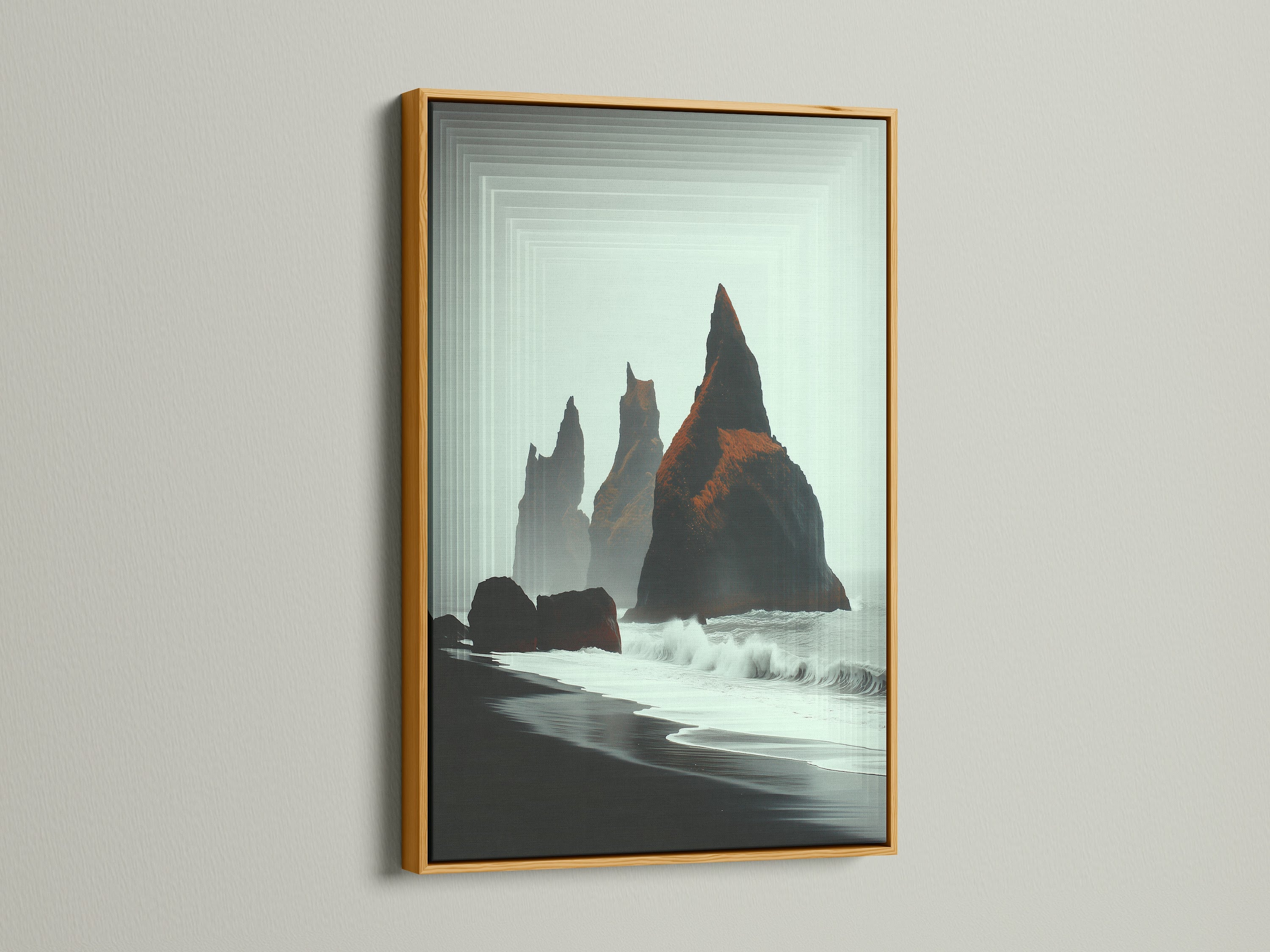 Iceland Black Sand Beach canvas in a gold frame. The seascape art brings a touch of elegance to any space. Minimalist nature art is perfect for beach home decor. This Nordic landscape art is a travel inspired print.