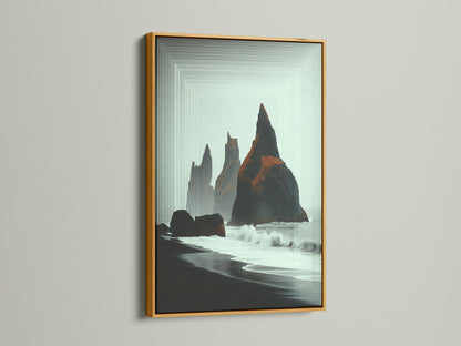 Iceland Black Sand Beach canvas in a gold frame. The seascape art brings a touch of elegance to any space. Minimalist nature art is perfect for beach home decor. This Nordic landscape art is a travel inspired print.