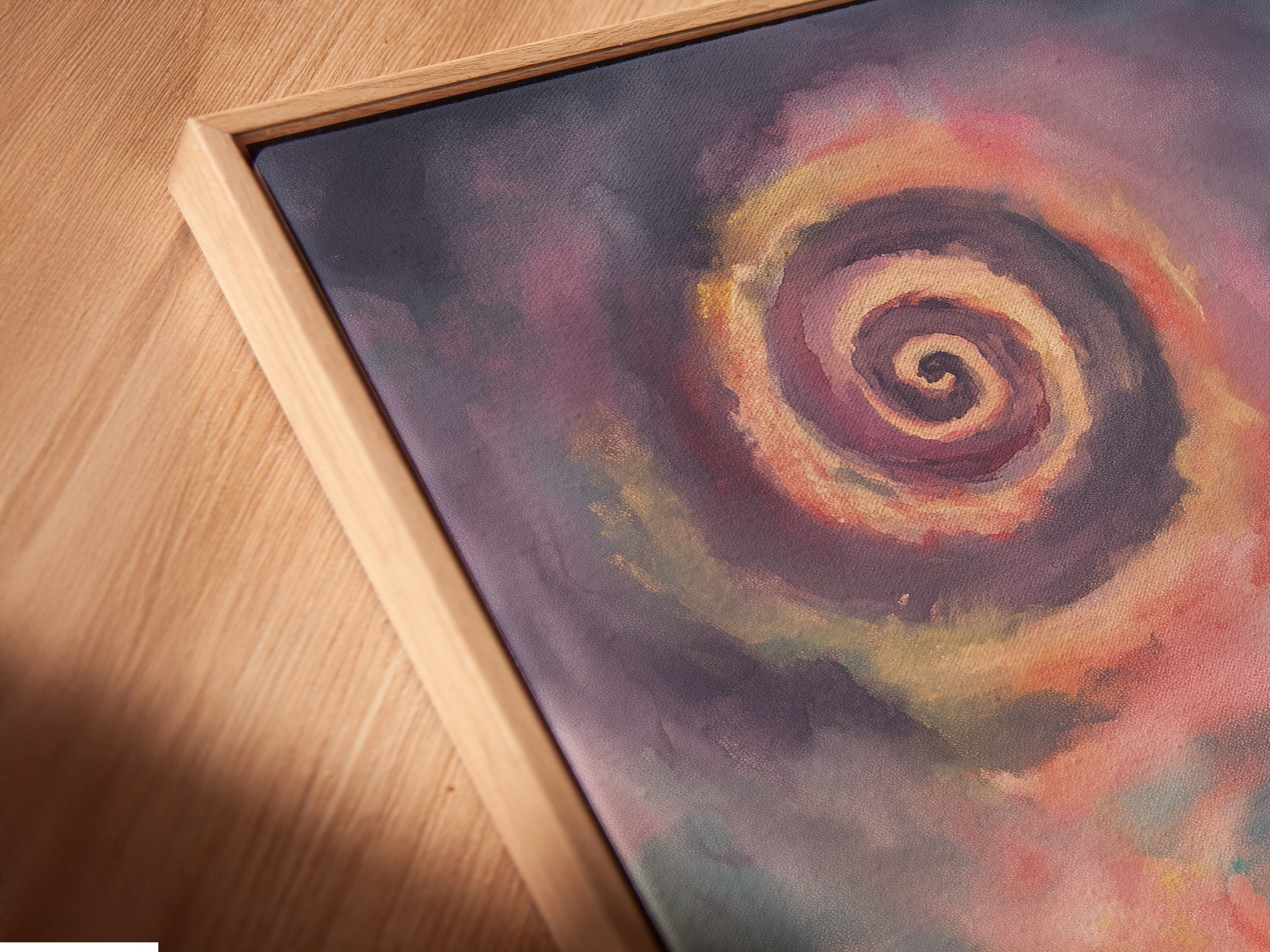 Close-up angled view of a canvas print in a floating frame. The surreal cityscape artwork features a drone delivering goods. It enhances the modern urban fantasy theme. Perfect as a contemporary statement piece for office or home decor. The floating frame adds depth and sophistication.