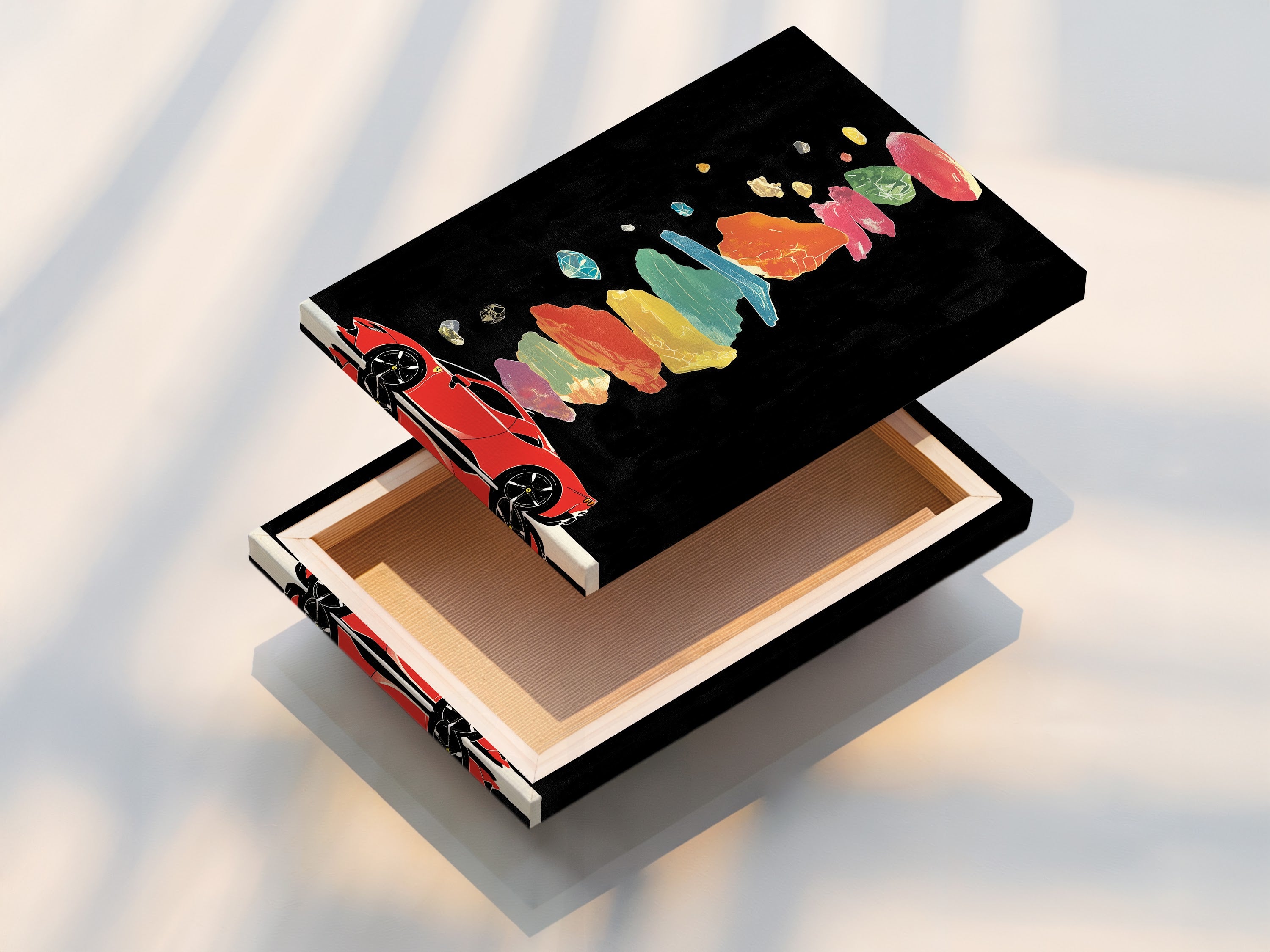 A stretched canvas print displays a vibrant sports car artwork. The artwork features a red sports car with colorful abstract elements. This contemporary piece is ready to hang adding a modern touch to any space. Perfect for automotive enthusiasts and art collectors.