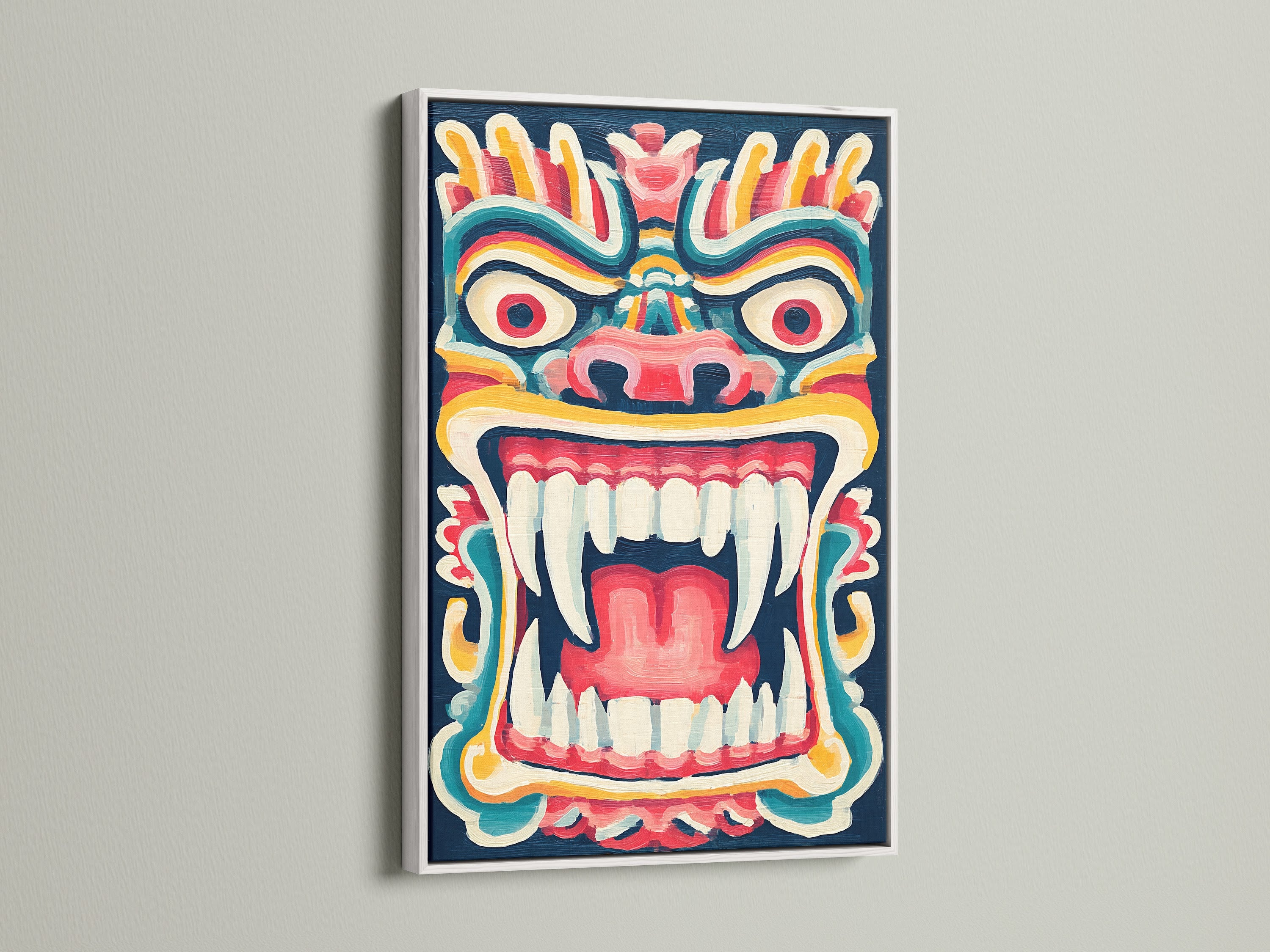 See tribal mask art with a white frame. This colorful artwork brightens your space. It's ideal for eclectic wall art. This graphic print adds flair to your home. The mask canvas art creates a vibrant focal point.