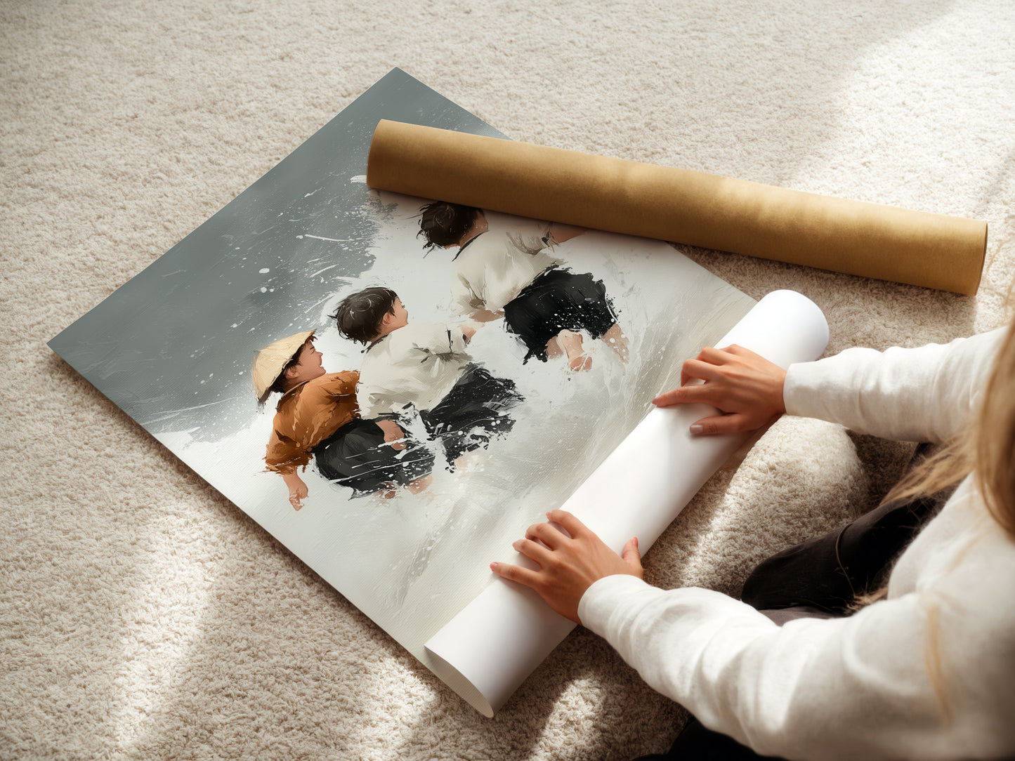 A woman carefully rolling a fine art poster paper print of the Children at Play artwork. This high-quality print captures the neutral tones. Ideal for adding a touch of coastal charm to any room. Perfect for framing or displaying as is. Enhance your nursery wall decor with this beautiful seascape print.