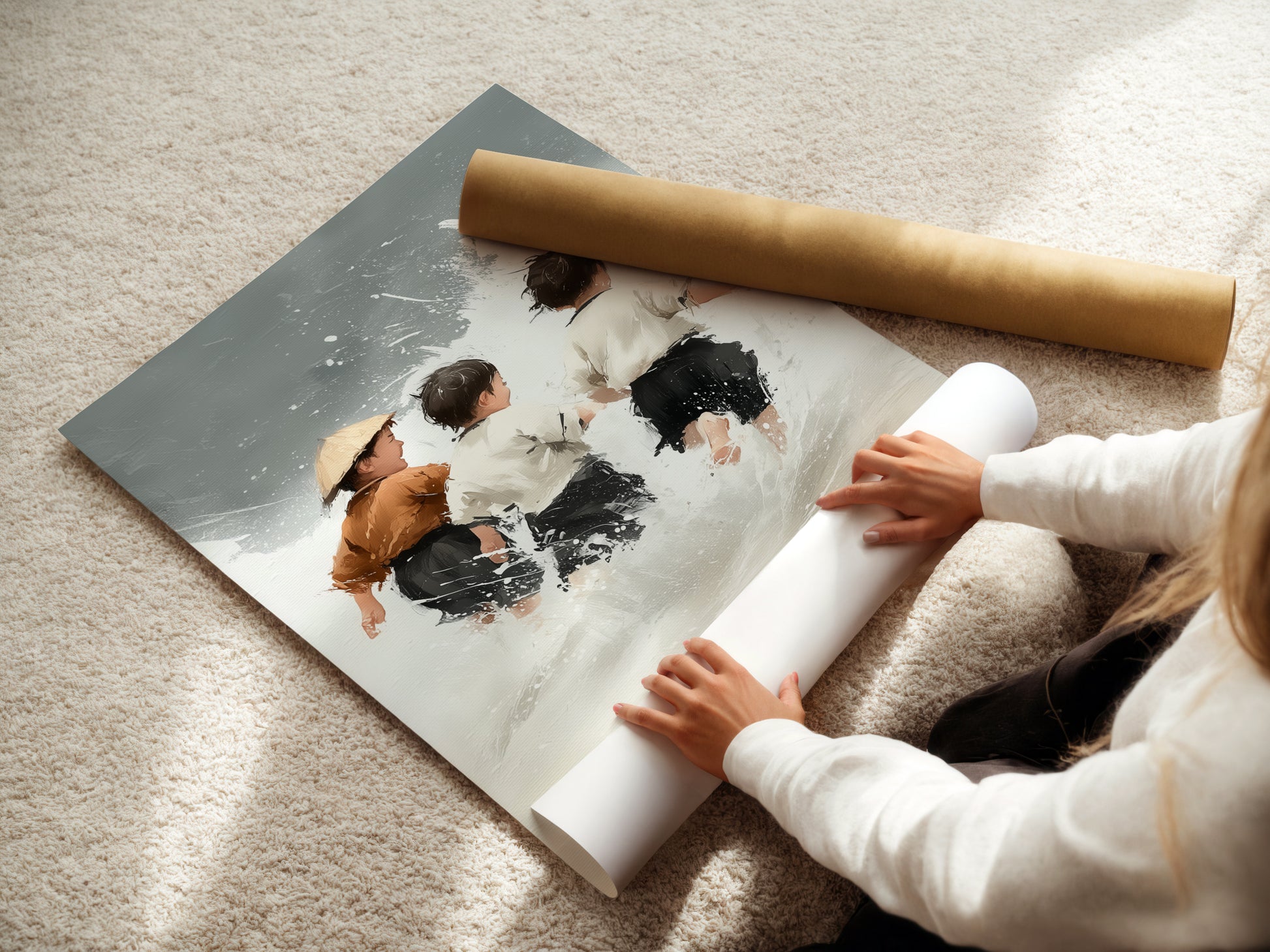 A woman carefully rolling a fine art poster paper print of the Children at Play artwork. This high-quality print captures the neutral tones. Ideal for adding a touch of coastal charm to any room. Perfect for framing or displaying as is. Enhance your nursery wall decor with this beautiful seascape print.