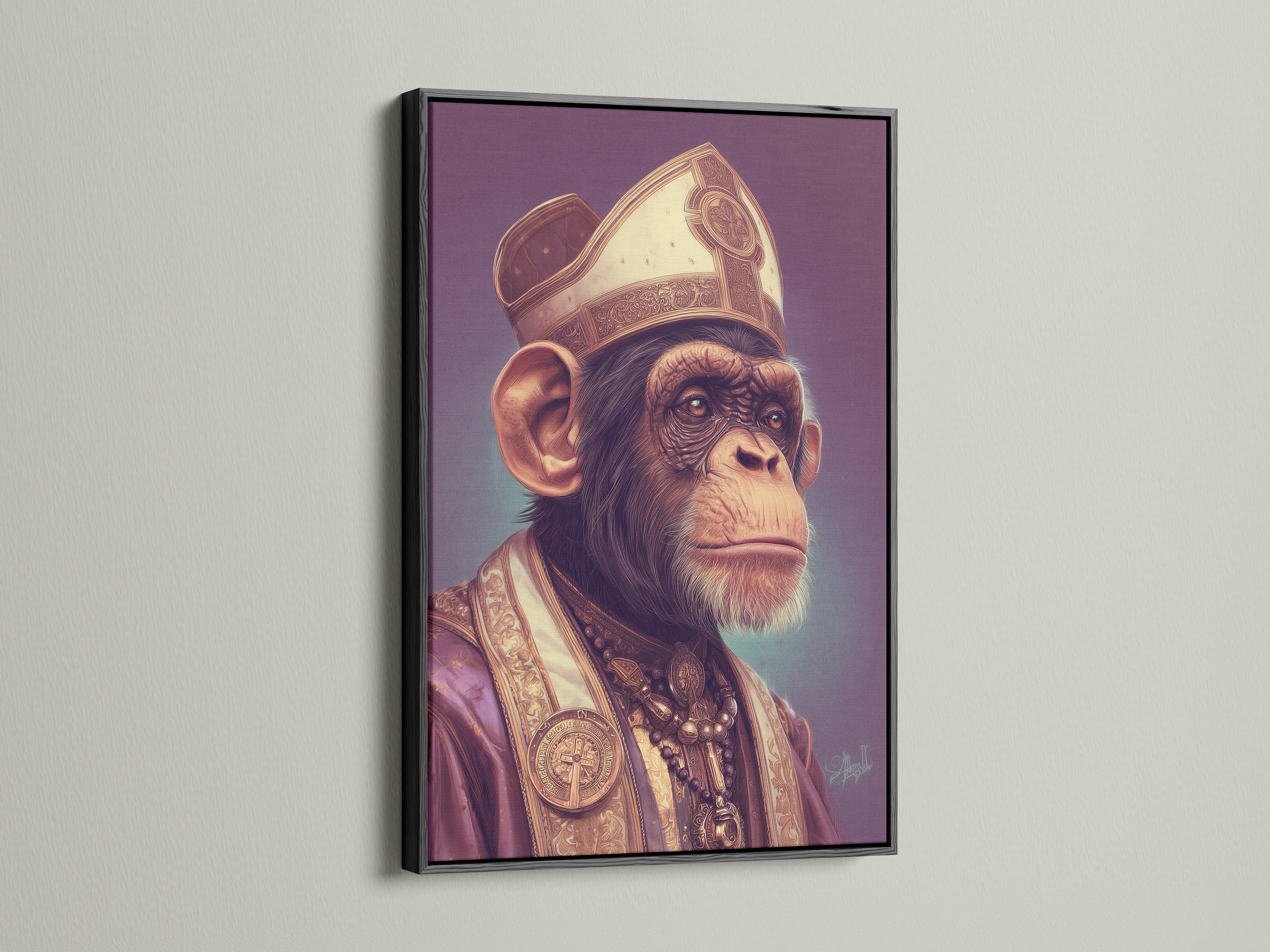 The chimp pope artwork is elegantly framed in black. The dark frame creates a striking contrast with the artwork's colors. This monkey bishop canvas print is ideal for adding a touch of religious satire to your space. It also makes a bold statement in any art collection or office setting.