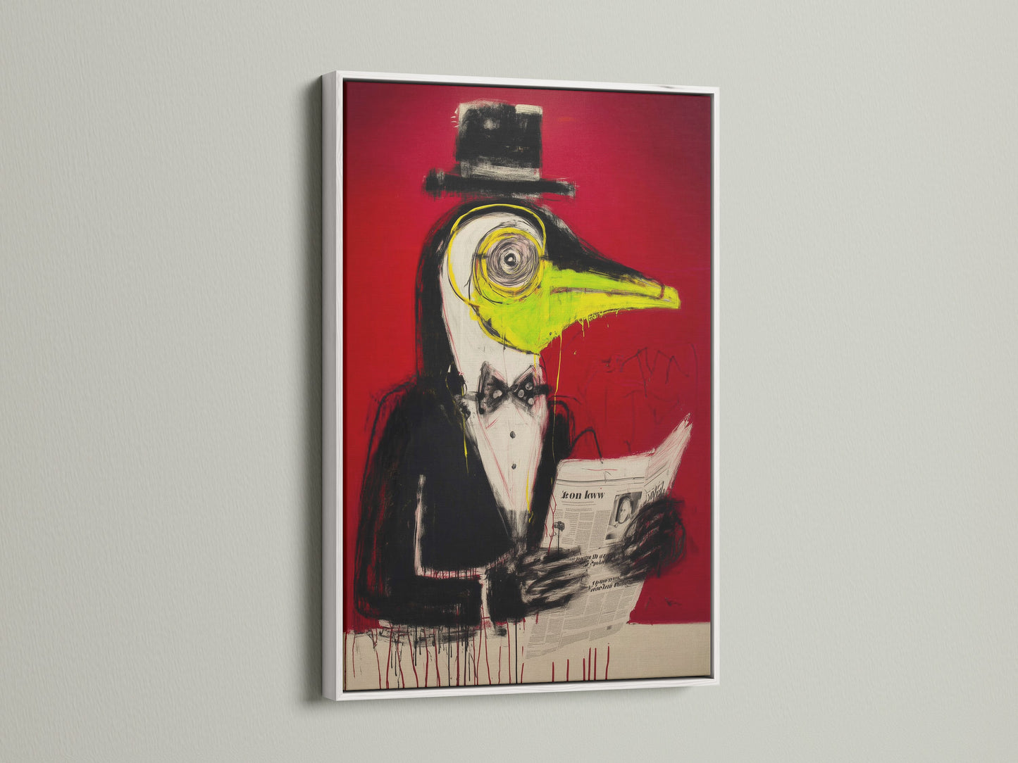 Surreal Bird Artwork Print in a white frame. This contemporary piece features quirky animal art. A red abstract on canvas. Ideal for adding a modern touch to any room.