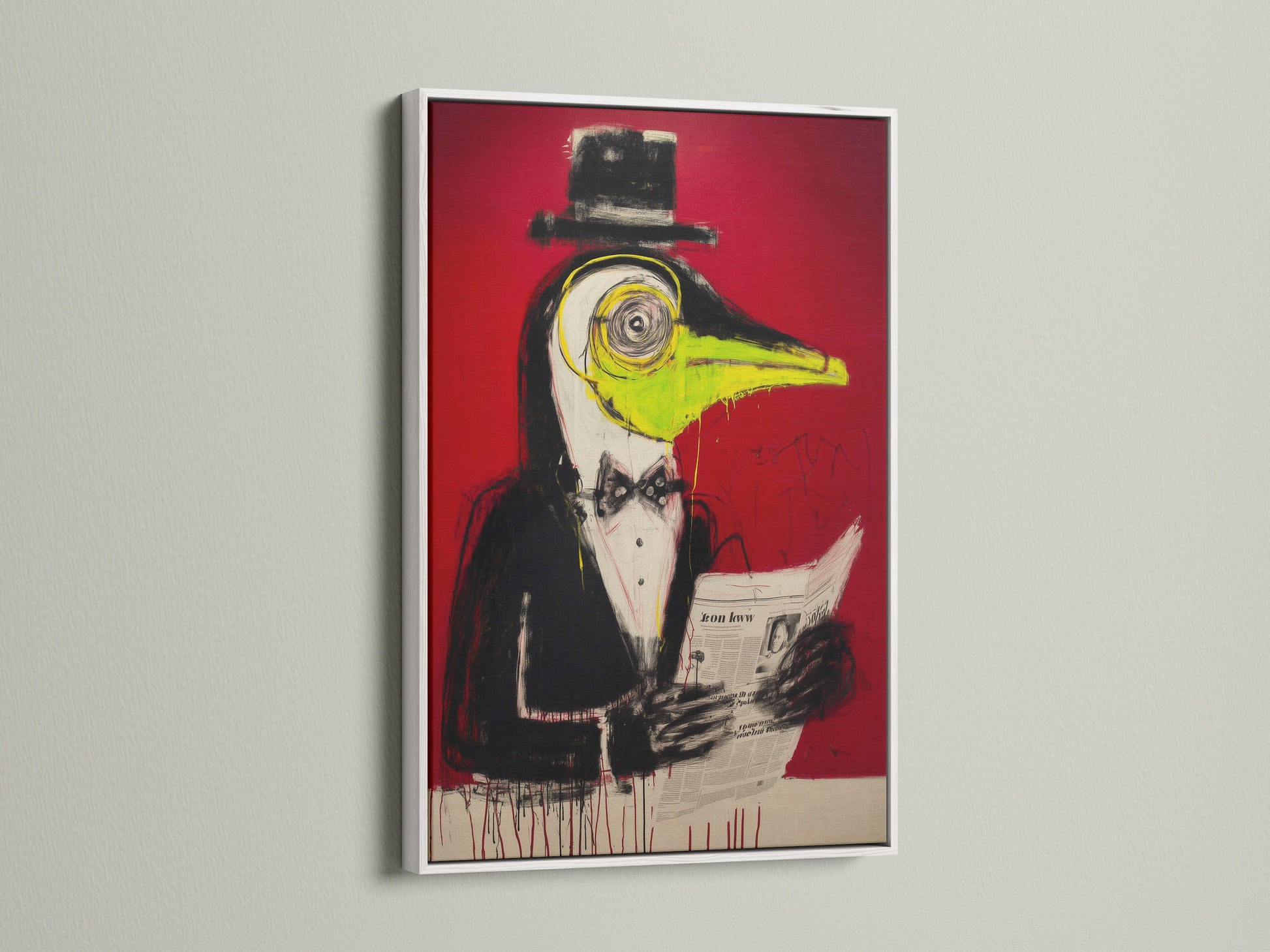 Surreal Bird Artwork Print in a white frame. This contemporary piece features quirky animal art. A red abstract on canvas. Ideal for adding a modern touch to any room.