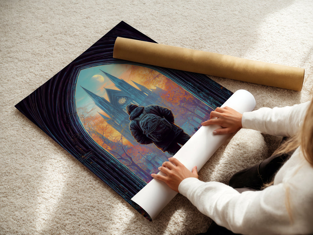 A woman is carefully rolling a fine art poster paper. It is a high-quality cathedral print. Perfect for creating stunning wall decorations. Ideal for those who appreciate architecture art. Add a touch of gothic decor to your space. Explore this beautiful autumn landscape artwork.