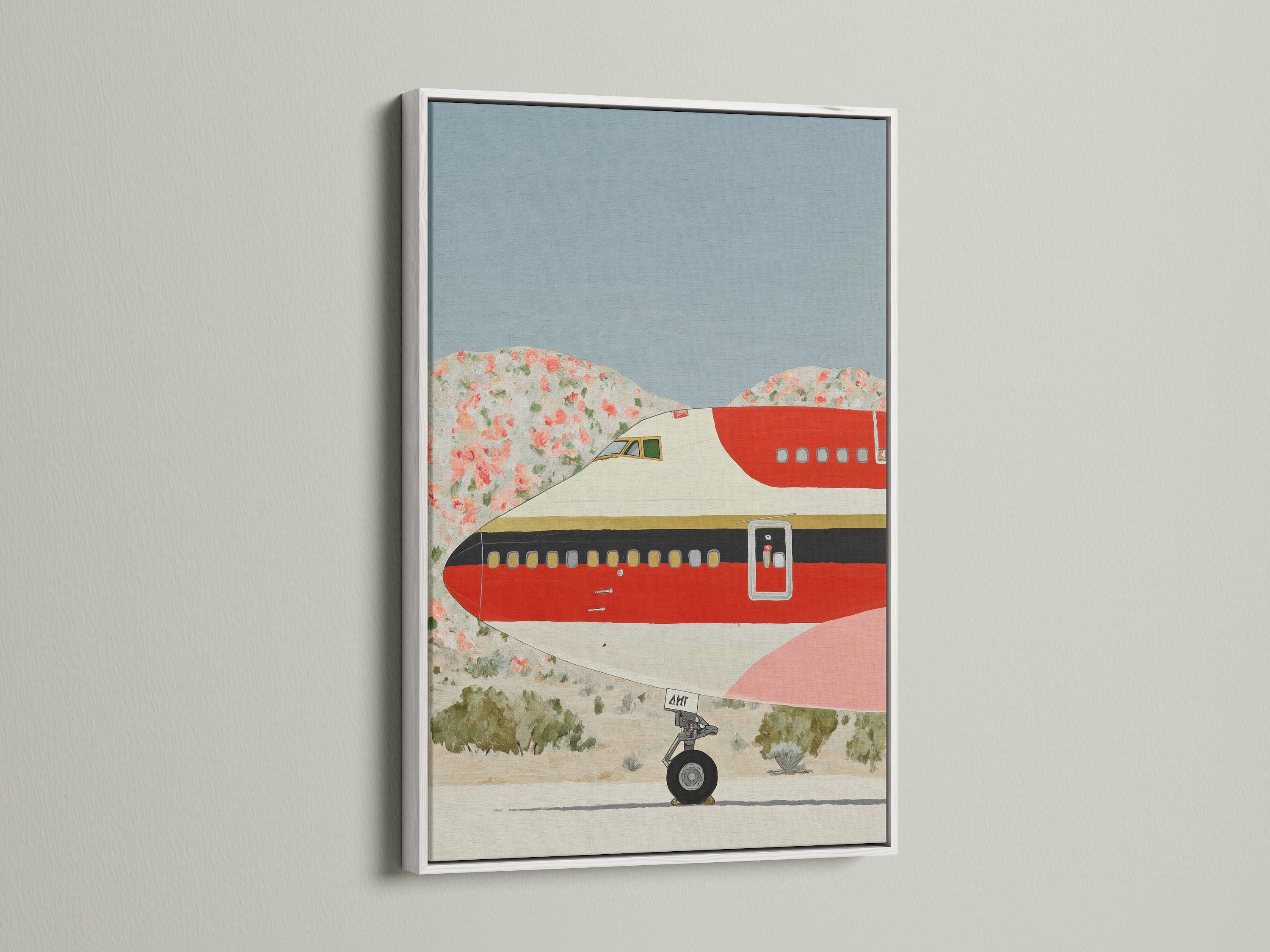 Vintage airplane art print in a white frame. The retro aviation art provides a clean aesthetic. This mid century print is a great piece of airplane wall art. The white frame offers a modern touch to the vintage aircraft art.