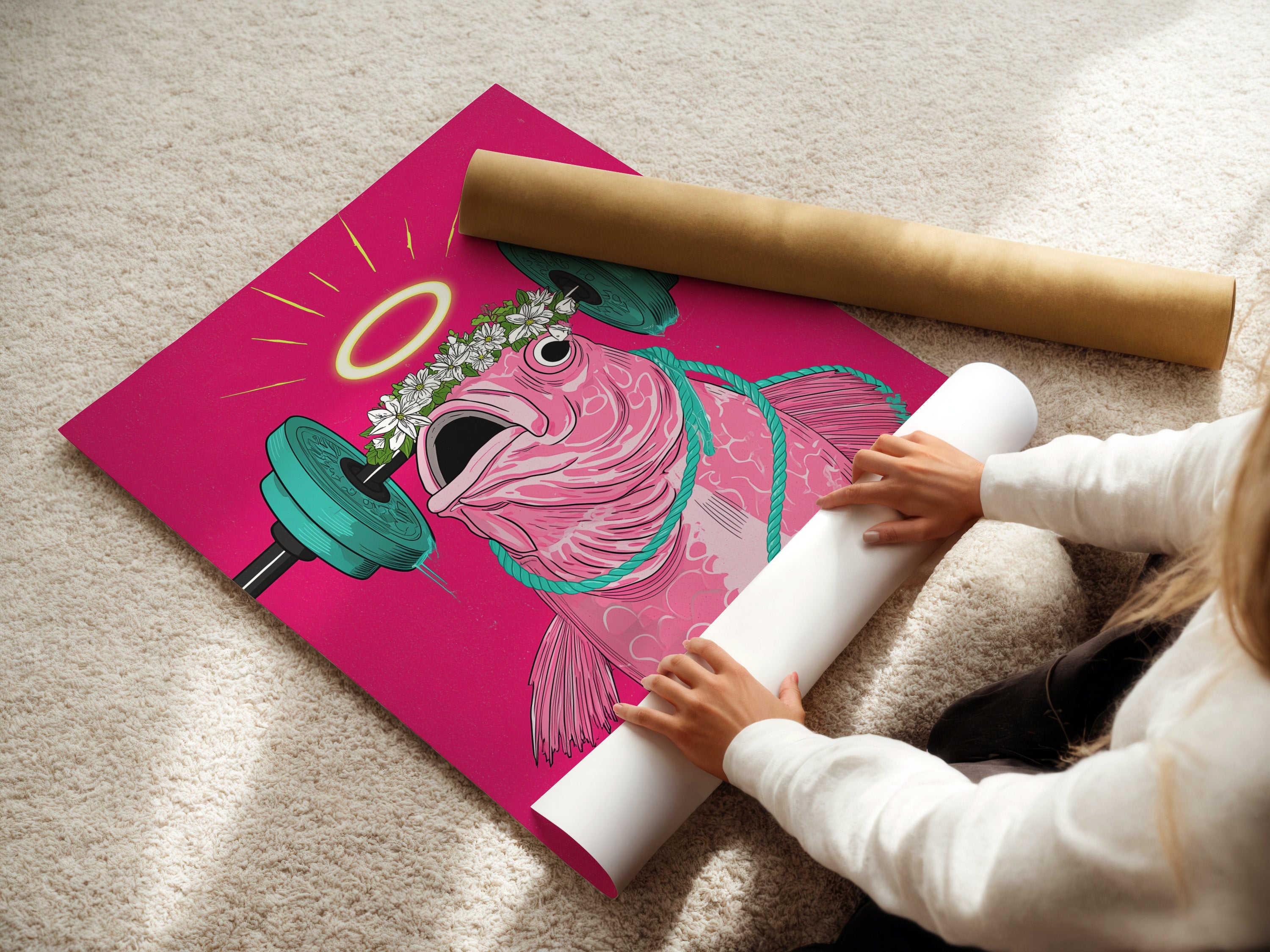 A woman is carefully rolling a fine art poster paper of the workout fish art. This pink fitness wall art is perfect for those seeking motivational gym animal art for their home gym or fitness area.