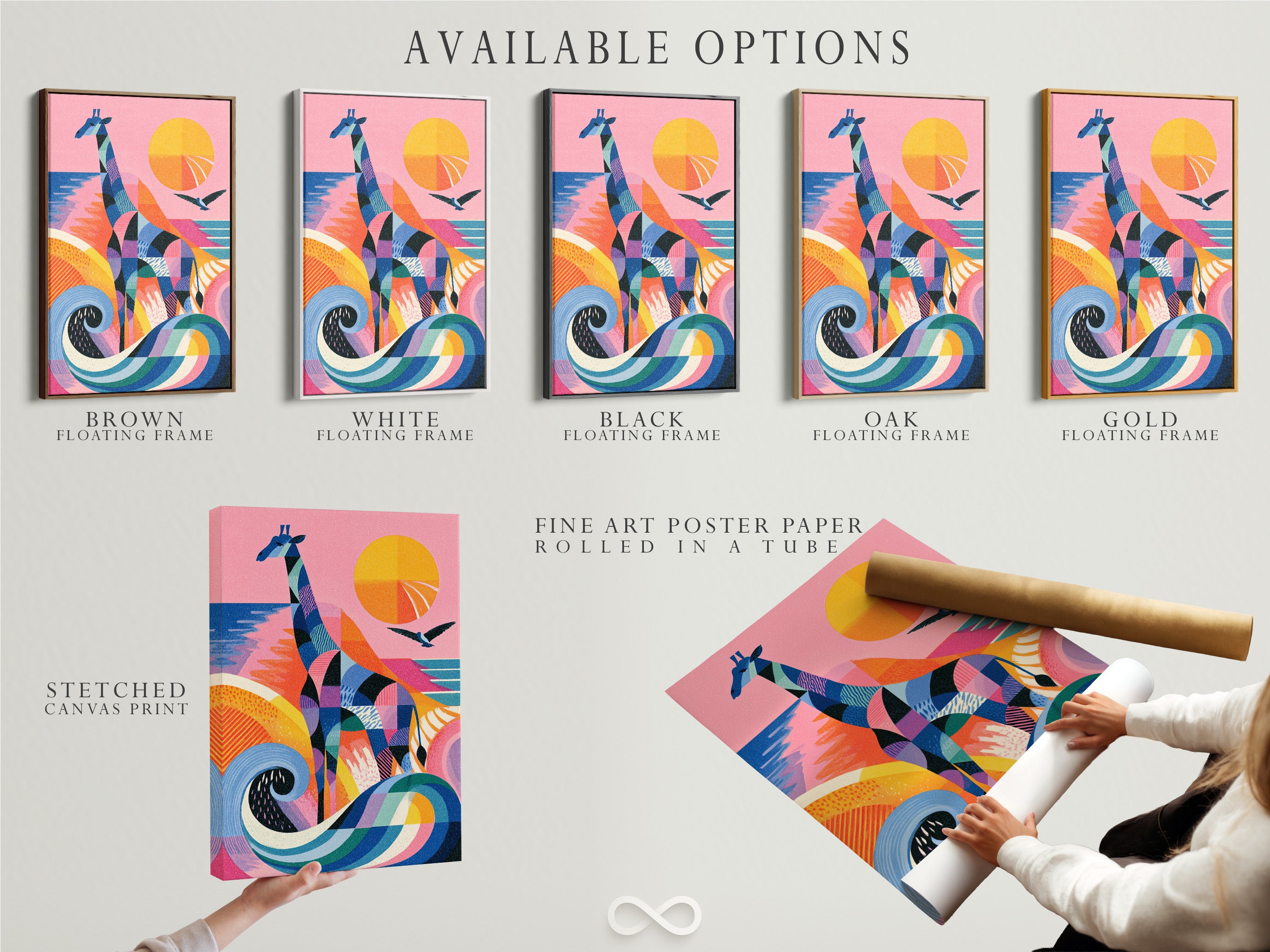 Available options are showcased. Choose between a stretched canvas print a fine art poster paper or a floating frame. All options are high-quality. Each option provides a unique way to showcase your artwork.