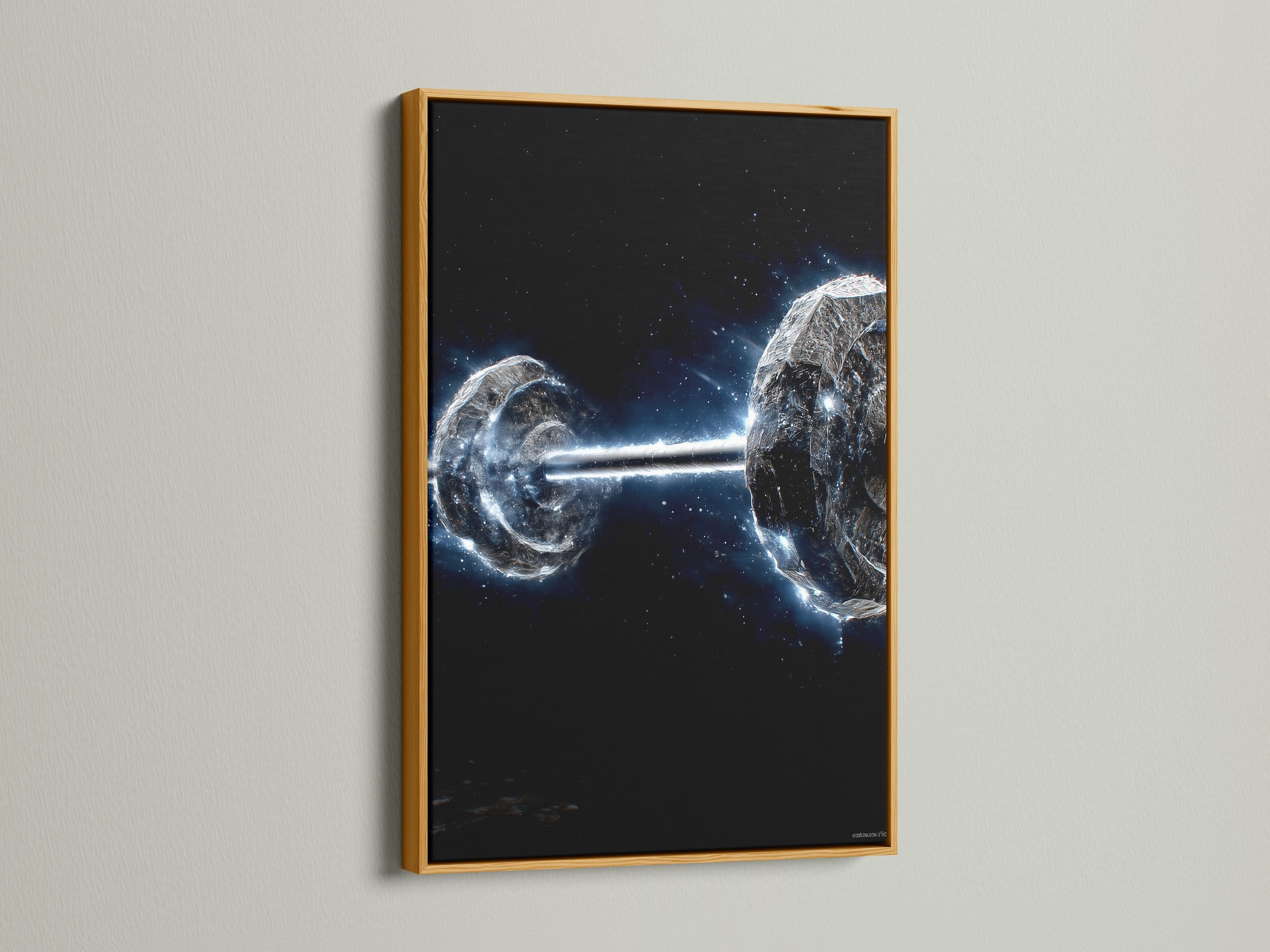 A shimmering gold frame highlights the Cosmic Collision. This canvas print brings astronomy art to life. It's a captivating piece for any space enthusiast. Elevate your home decor with this cosmic wall decor. Explore the universe through art.