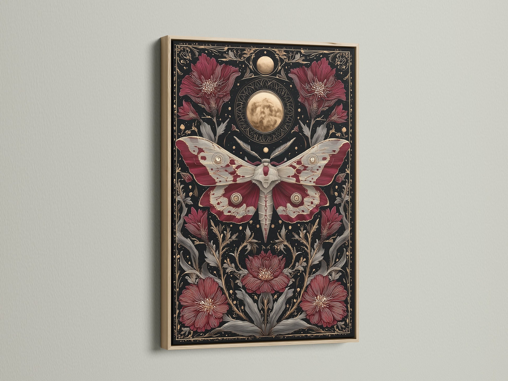 A celestial moth art print is presented in an oak frame. The artwork has a gothic botanical theme. Moon phases enhance the canvas art. Consider this dark academia moon phases canvas art.