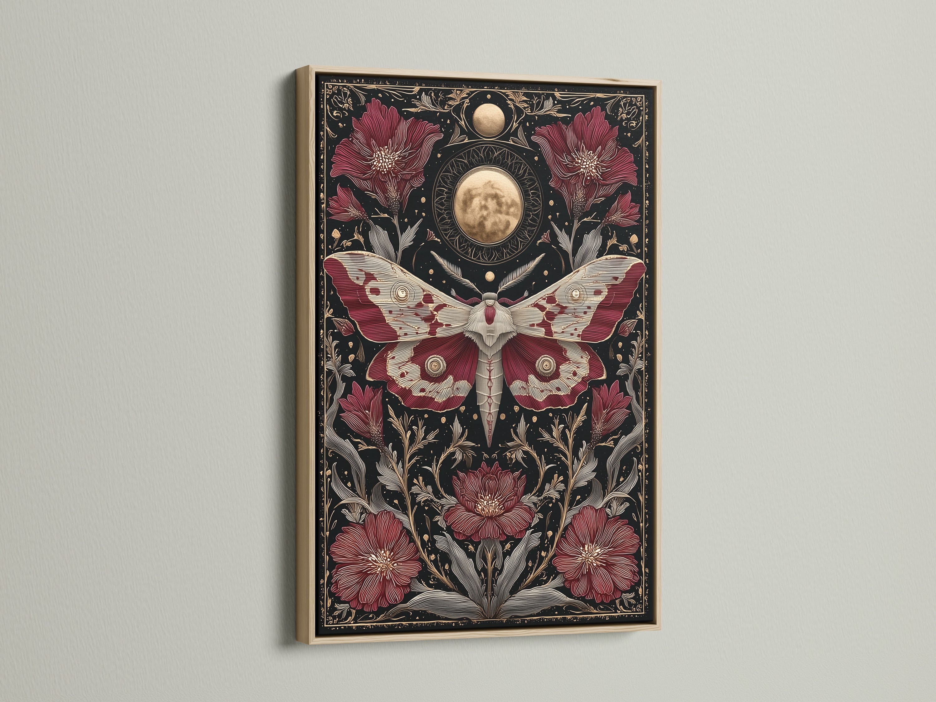 A celestial moth art print is presented in an oak frame. The artwork has a gothic botanical theme. Moon phases enhance the canvas art. Consider this dark academia moon phases canvas art.