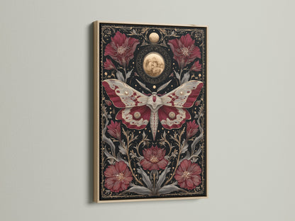 A celestial moth art print is presented in an oak frame. The artwork has a gothic botanical theme. Moon phases enhance the canvas art. Consider this dark academia moon phases canvas art.