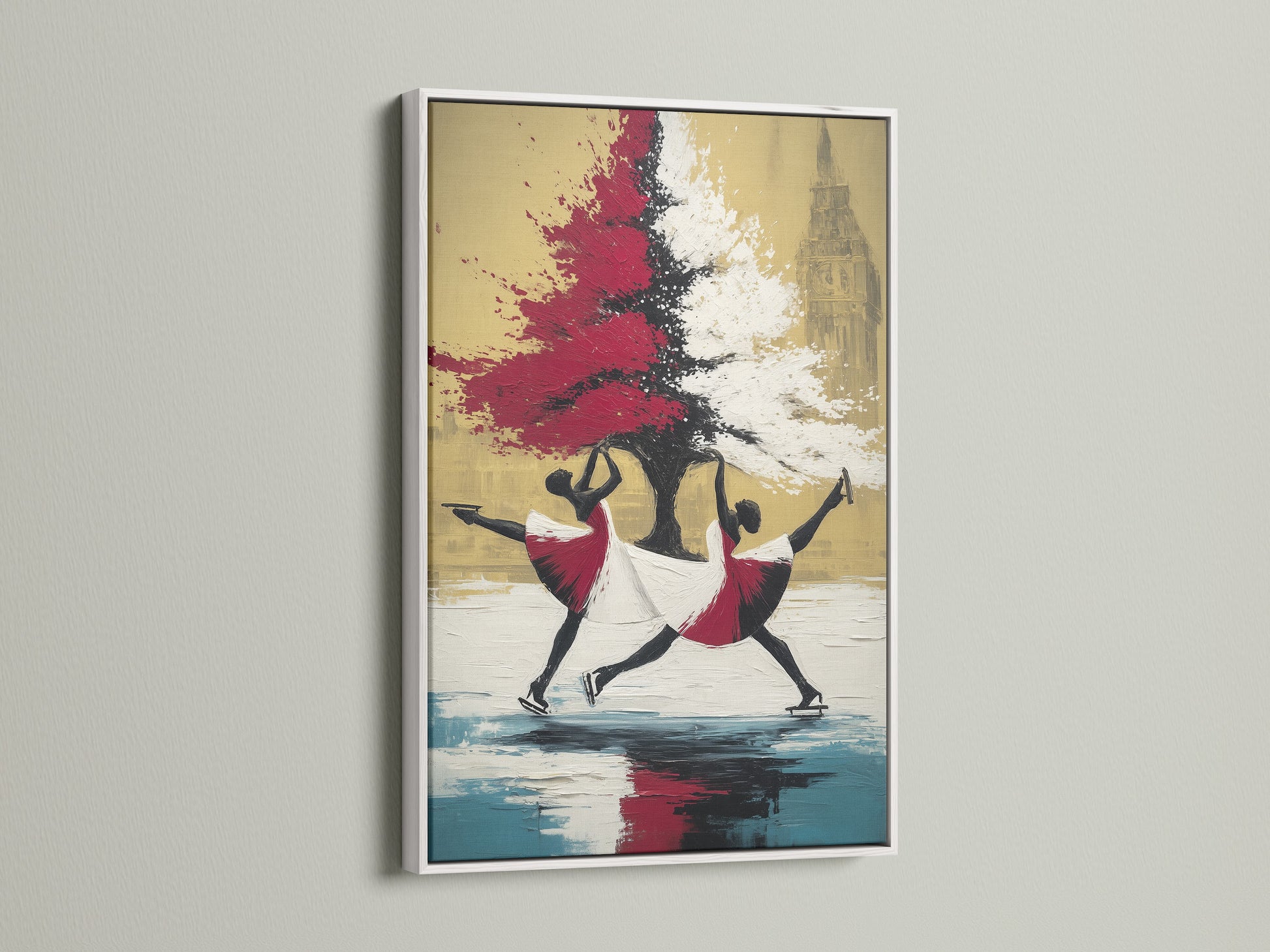Modern ballet dancers artwork with a white frame. This canvas print enhances your wall decor. The contrast of red and white makes a striking statement. Perfect for a dance studio or living room. Add a touch of elegance to your space.
