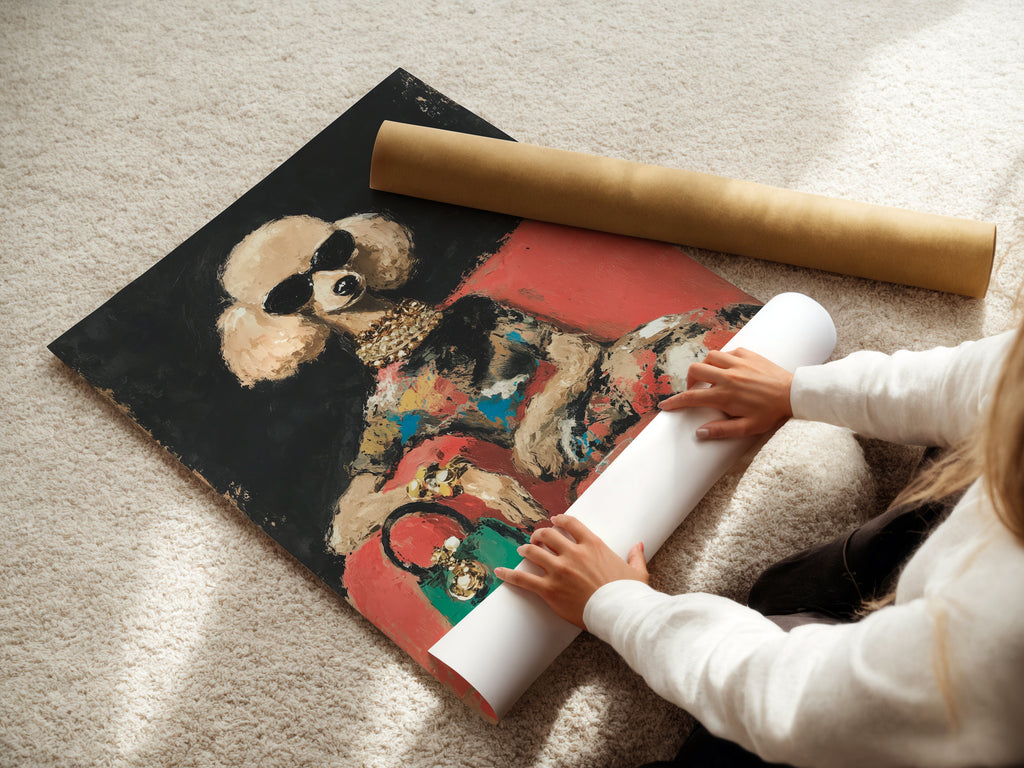 A woman carefully rolling a fine art poster paper. This glamorous poodle artwork is ready to be displayed. This chic fashion dog print will elevate any space with its vintage style.