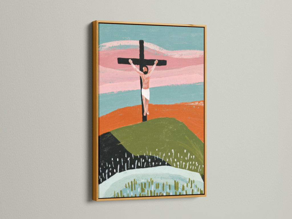 Abstract art print of Jesus Christ on the cross in a gold frame. The gold frame exudes elegance and luxury. It adds a touch of glamour to the artwork. The gold frame enhances the richness and detail of your art.