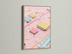 Close-up of a circuit board artwork print in an oak frame. The pastel pink and blue hues create a modern aesthetic. Perfect tech wall decor for computer enthusiasts and professionals seeking unique pieces.