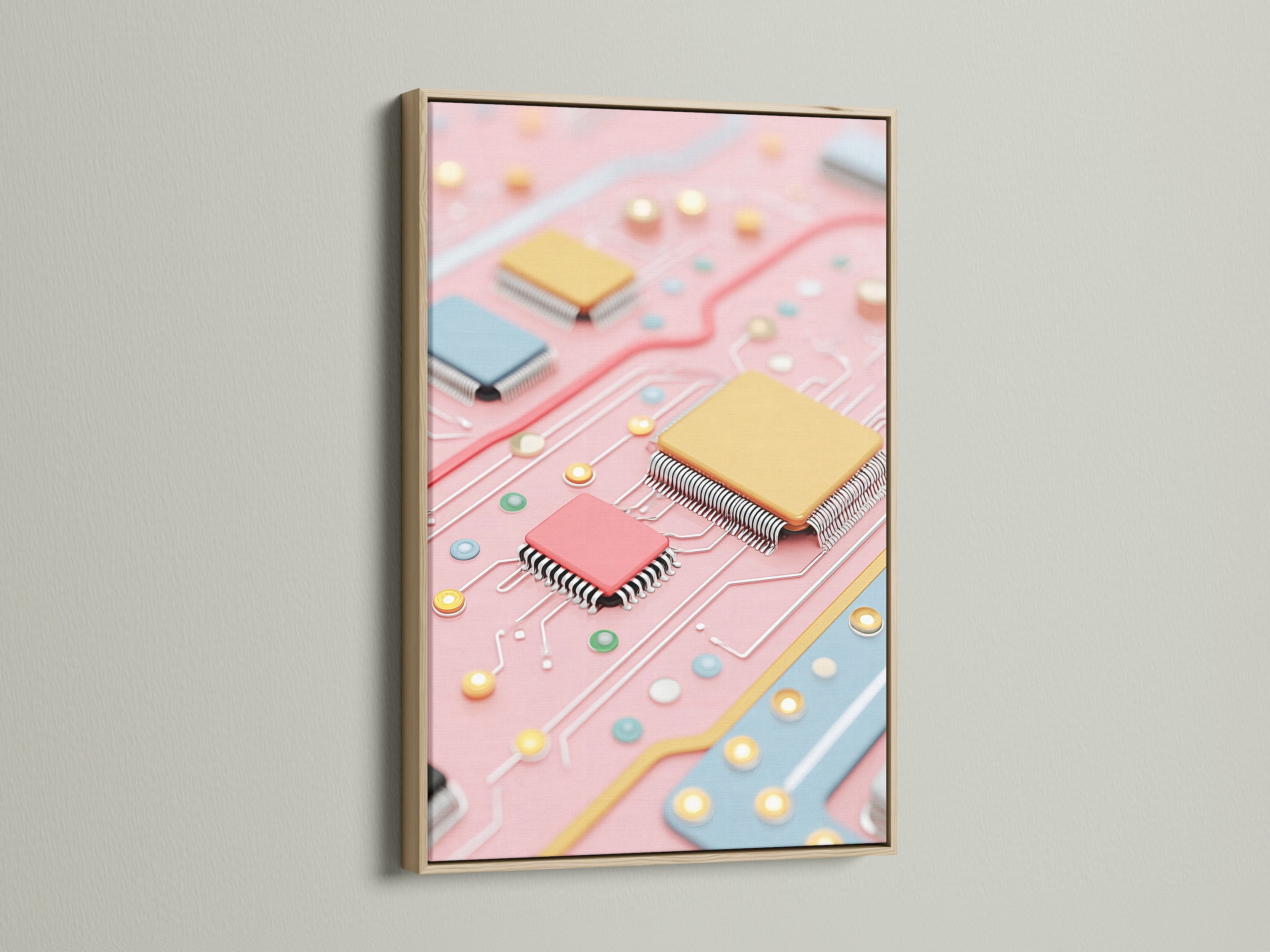 Close-up of a circuit board artwork print in an oak frame. The pastel pink and blue hues create a modern aesthetic. Perfect tech wall decor for computer enthusiasts and professionals seeking unique pieces.