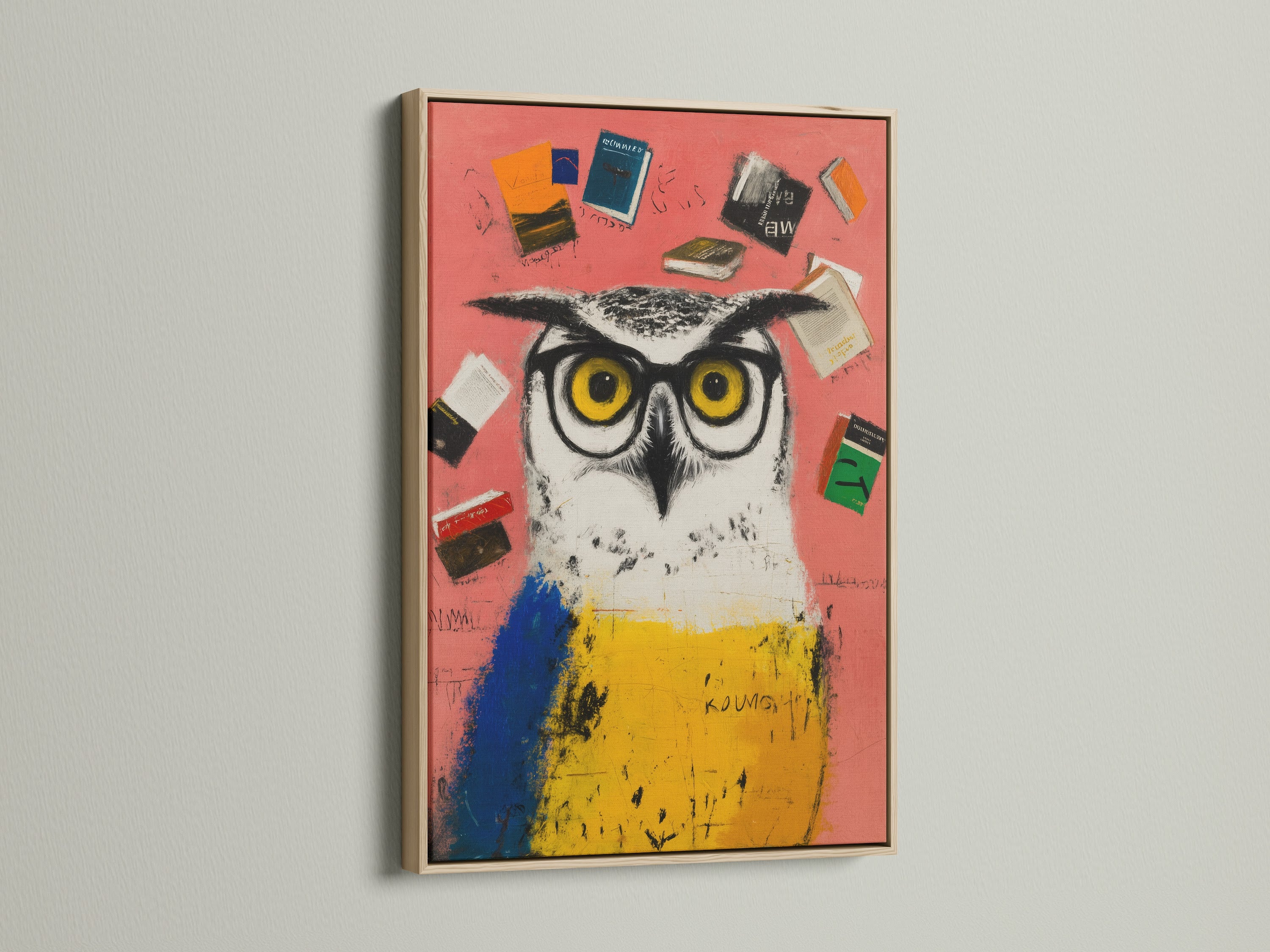 Scholarly Owl artwork print with an oak frame. This animal wall art piece is ideal for a study room. The whimsical art print brings an academic touch to your decor. It is a great student gift. The oak frame enhances the scholarly theme of the art.