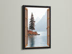 This mountain lake canvas print features a sleek black frame. The nature view poster provides a stunning visual for study rooms. The serene landscape artwork captures the beauty of nature. It creates a tranquil space.