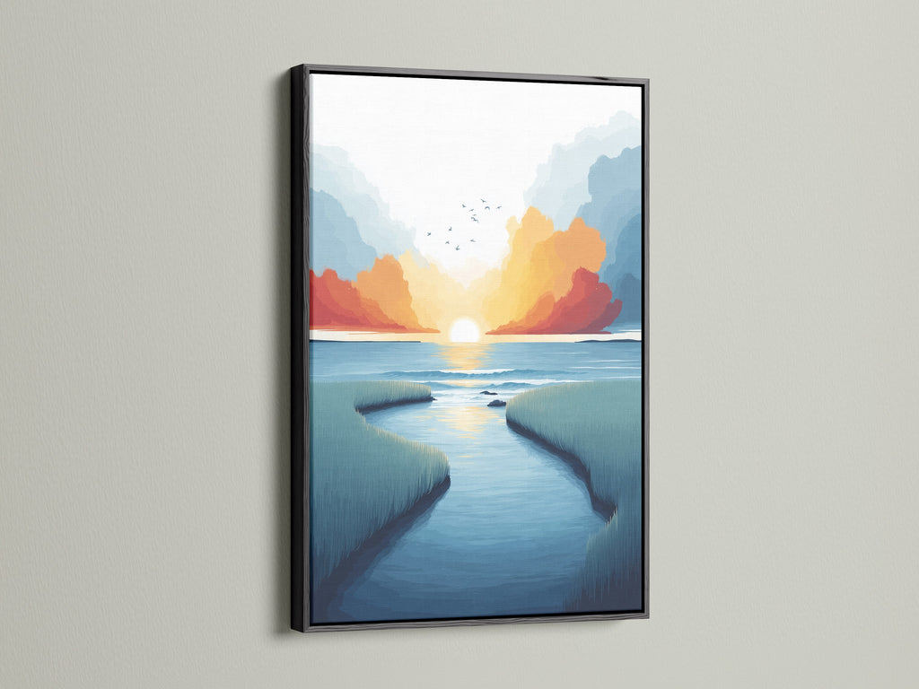 Coastal marsh canvas print in a black frame. The artwork captures a stunning sunset over the sea. With teal and coral colors it is a modern print. This nature artwork is perfect for adding a sophisticated touch to your home decor art.