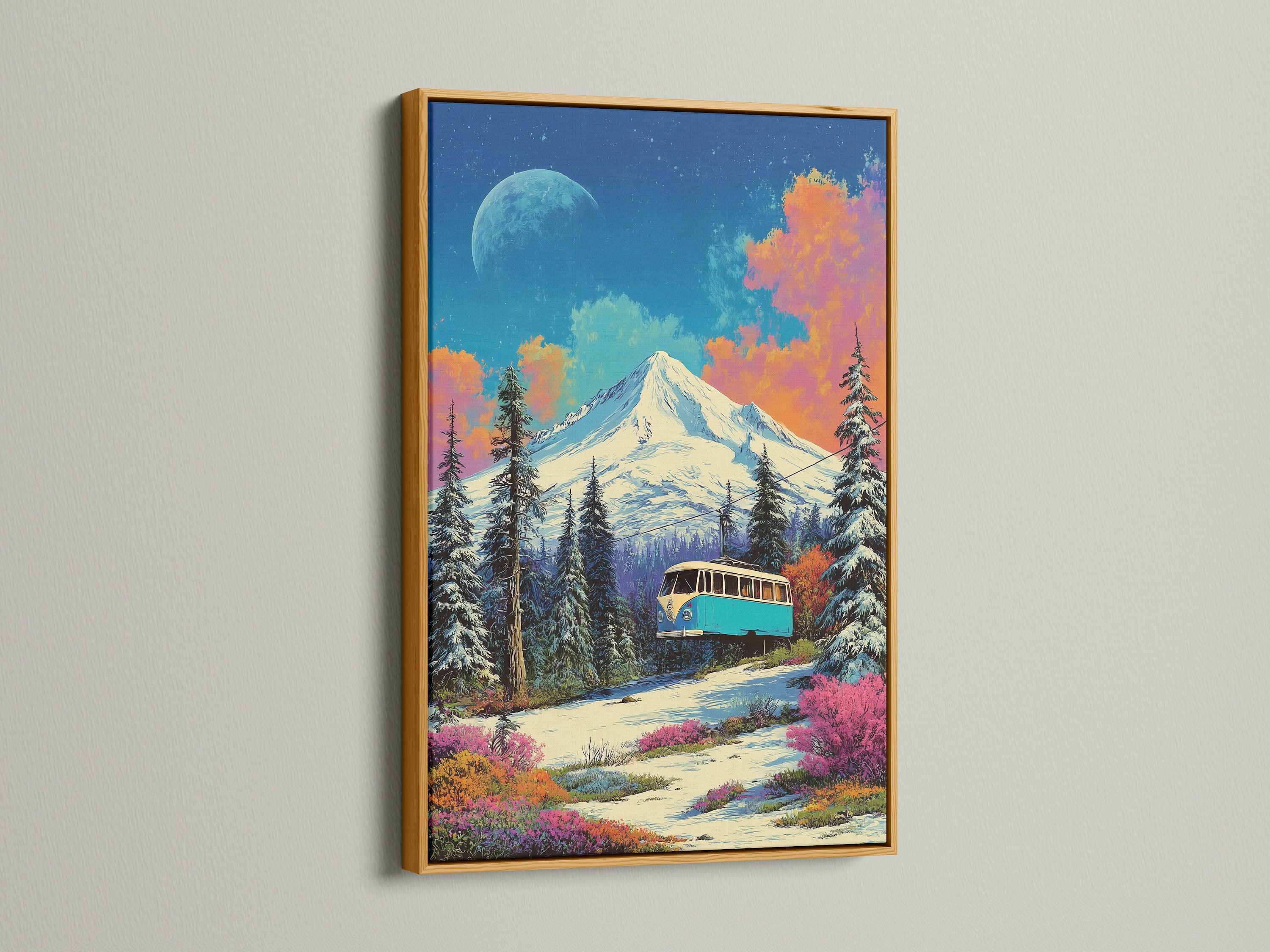 Vintage bus mountain artwork with a gold frame. This retro travel artwork brings a colorful adventure landscape to any room. The gold frame adds a touch of elegance to the artwork.
