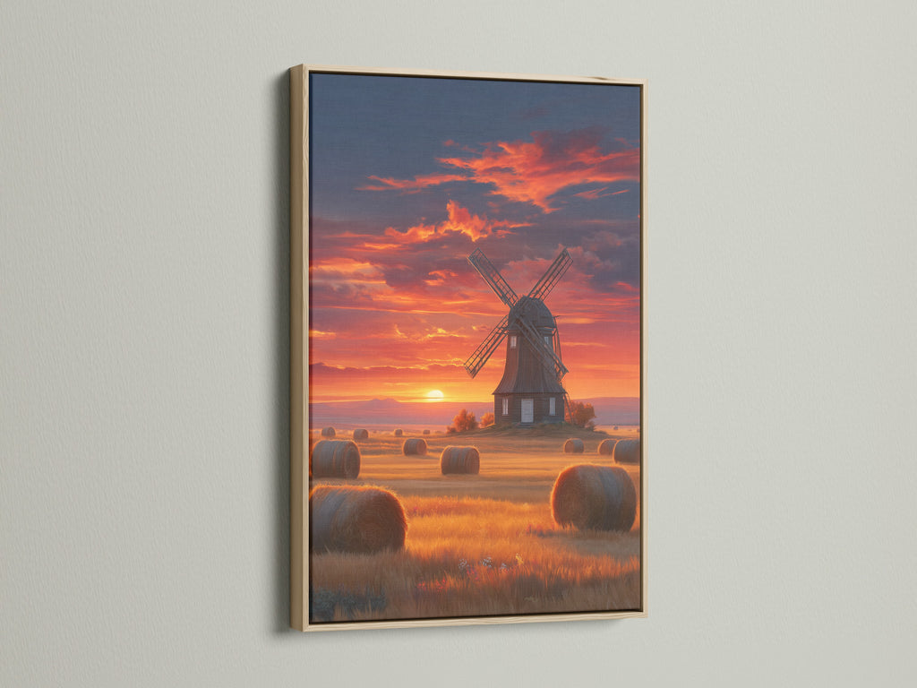 A tranquil sunset canvas print featuring a windmill. It's framed in oak. The artwork captures the essence of the Dutch countryside. Ideal for adding a rustic touch to your decor.