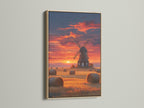 A tranquil sunset canvas print featuring a windmill. It's framed in oak. The artwork captures the essence of the Dutch countryside. Ideal for adding a rustic touch to your decor.