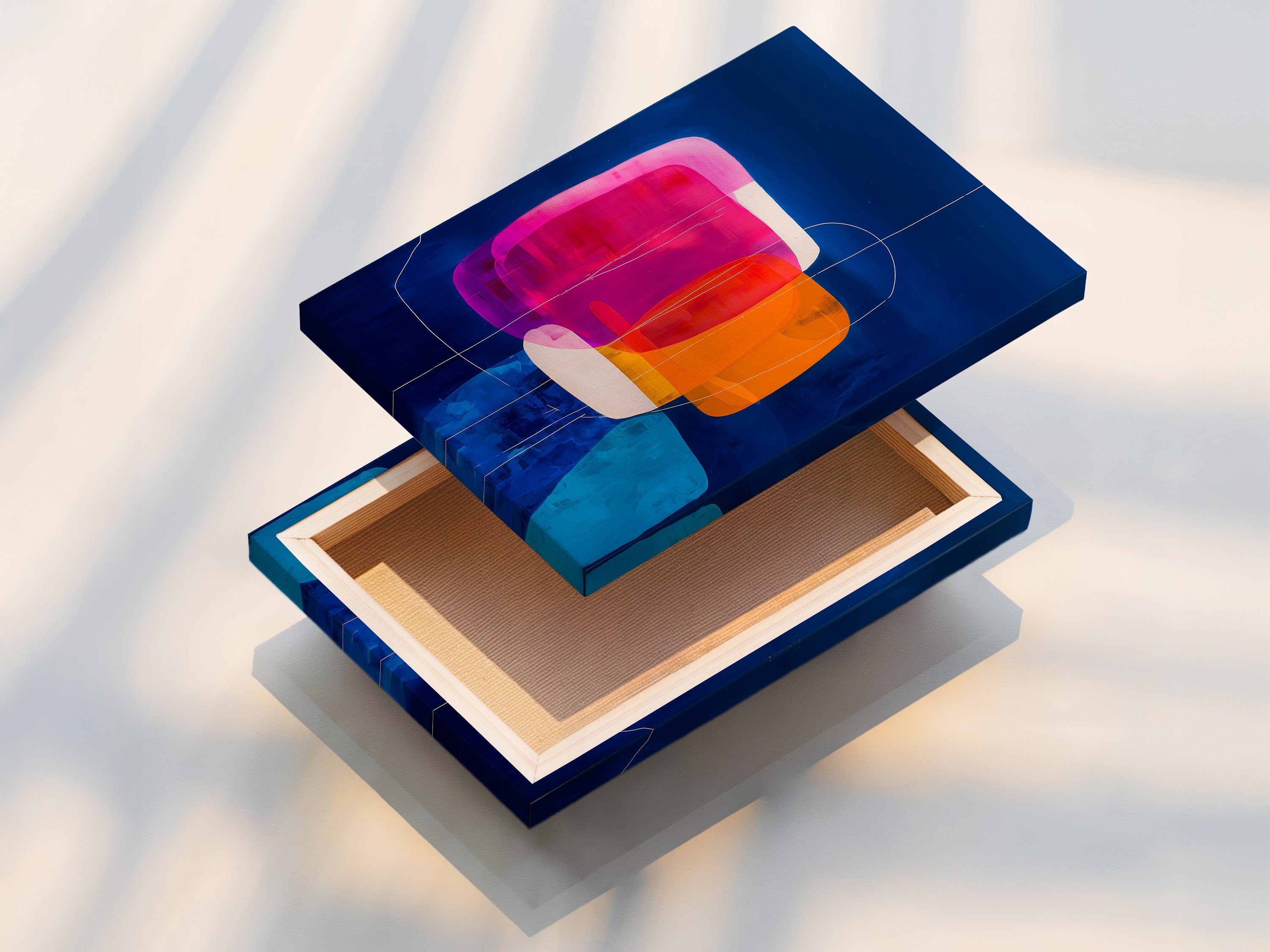 A stretched canvas print displays vibrant abstract geometric artwork. The blue orange and pink hues create a modern art piece. The stretched canvas provides a gallery-ready look. Perfect for adding a contemporary touch to any space