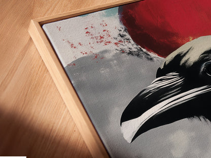 A close-up shows a canvas print of raven art in a floating frame. This modern gothic artwork offers a unique display. The colorful bird wall art enhances any room. Perfect for dark academia decor.