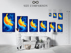 A size comparison chart is shown in an interior setting for the Banana Family Canvas artwork print. This abstract print is perfect for nurseries and playrooms. This yellow and blue art is a colorful wall art piece.