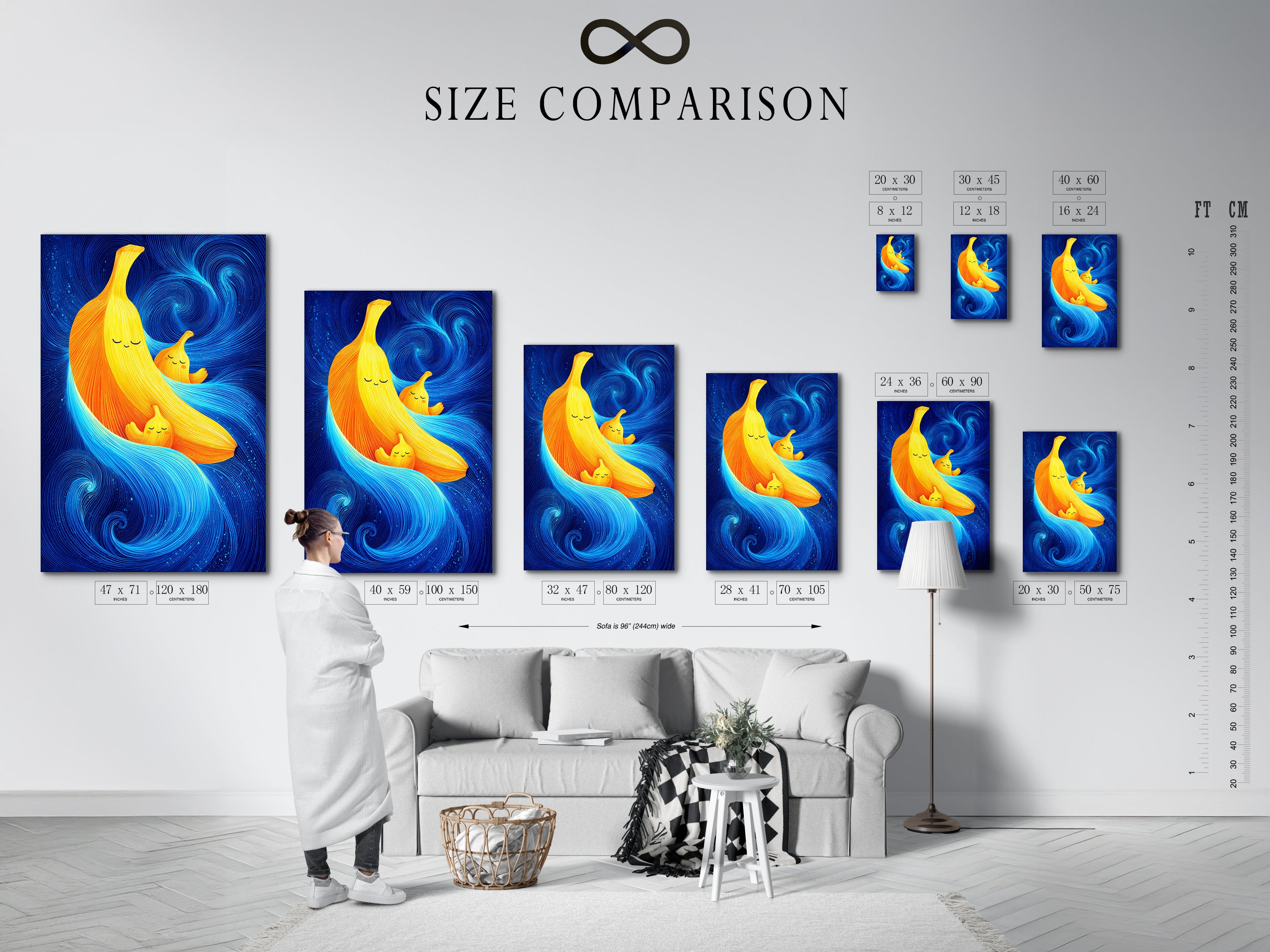 A size comparison chart is shown in an interior setting for the Banana Family Canvas artwork print. This abstract print is perfect for nurseries and playrooms. This yellow and blue art is a colorful wall art piece.