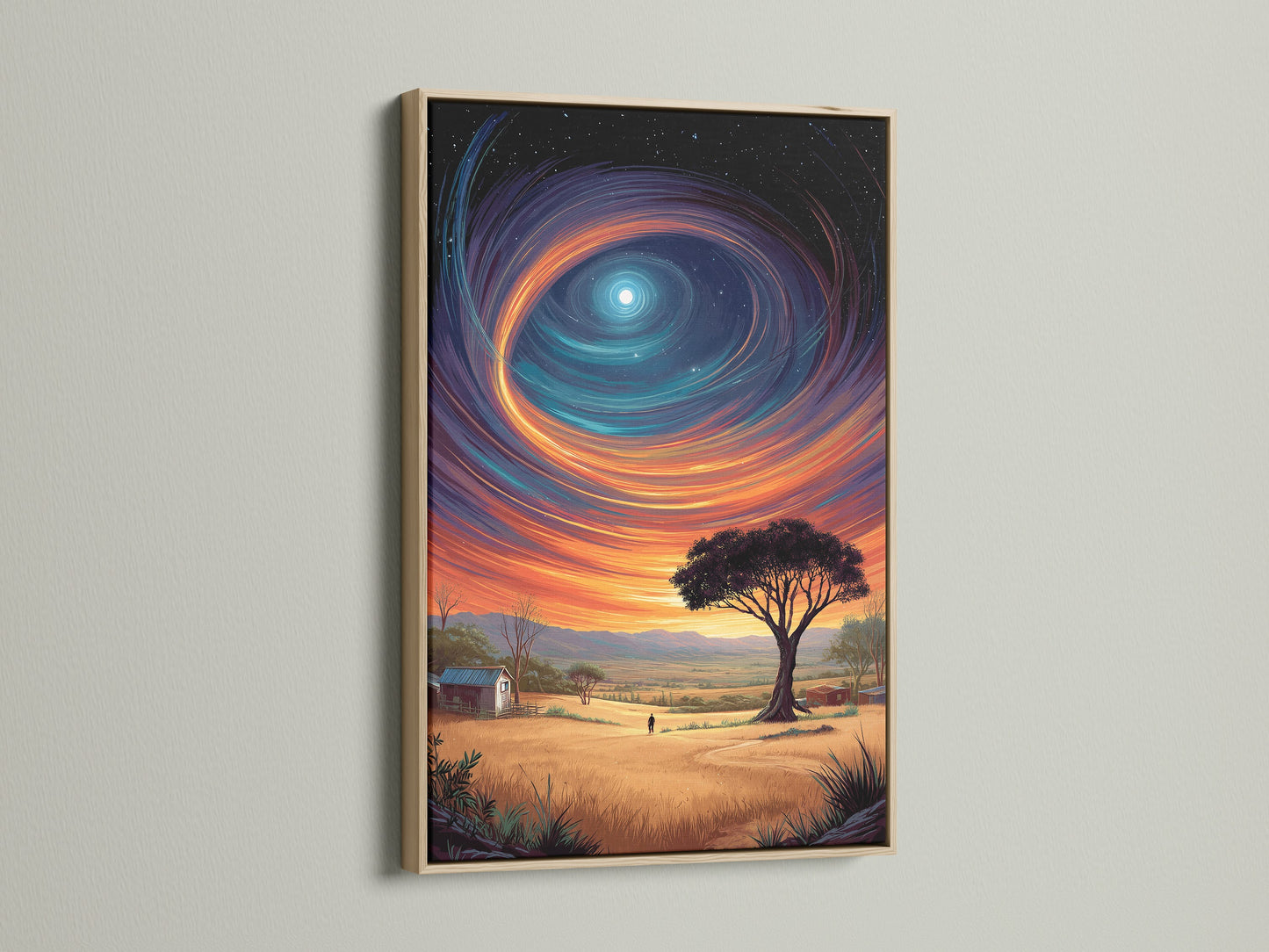 A celestial sky artwork is beautifully framed in oak. The surreal landscape features a fantasy sky. This piece adds a dreamy touch to any bedroom wall decor. It enhances farmhouse aesthetics.
