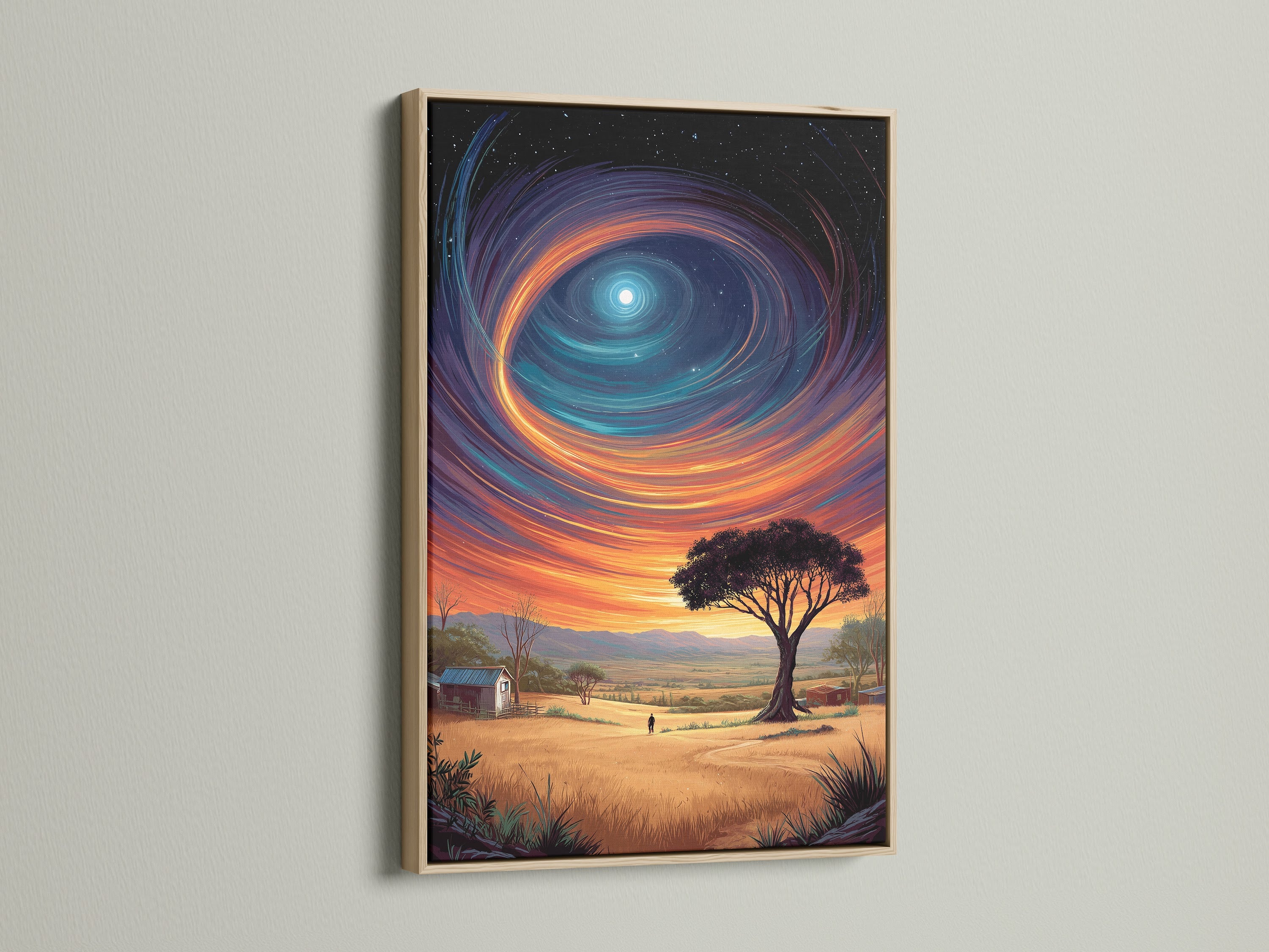 A celestial sky artwork is beautifully framed in oak. The surreal landscape features a fantasy sky. This piece adds a dreamy touch to any bedroom wall decor. It enhances farmhouse aesthetics.
