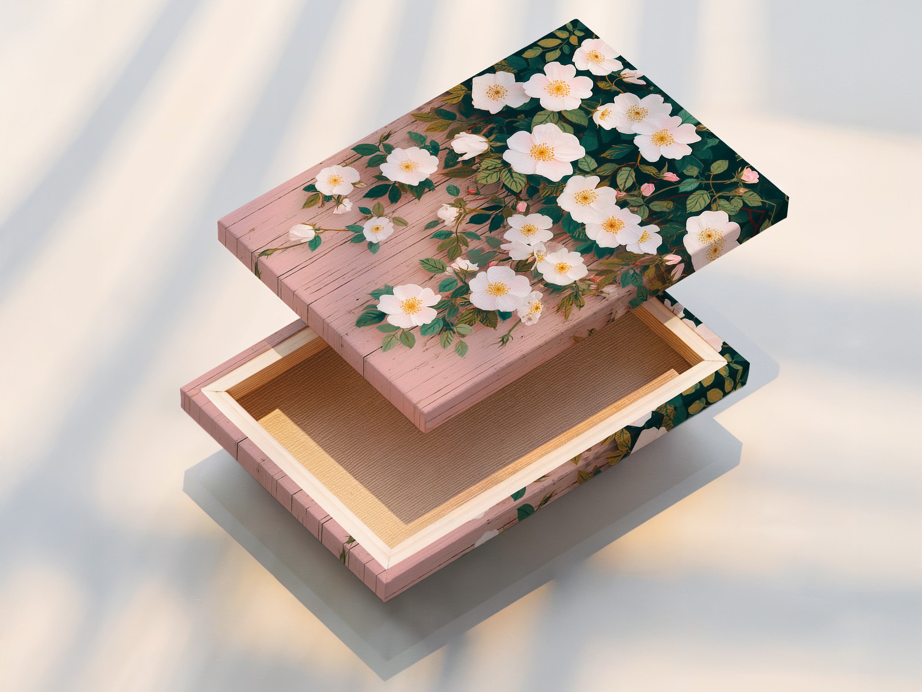 A stretched canvas print showcases a white floral design. The botanical artwork is ready to hang. The canvas texture enhances the print's visual appeal. This stretched canvas print adds a touch of nature. Perfect for any wall. Transform your living space today.