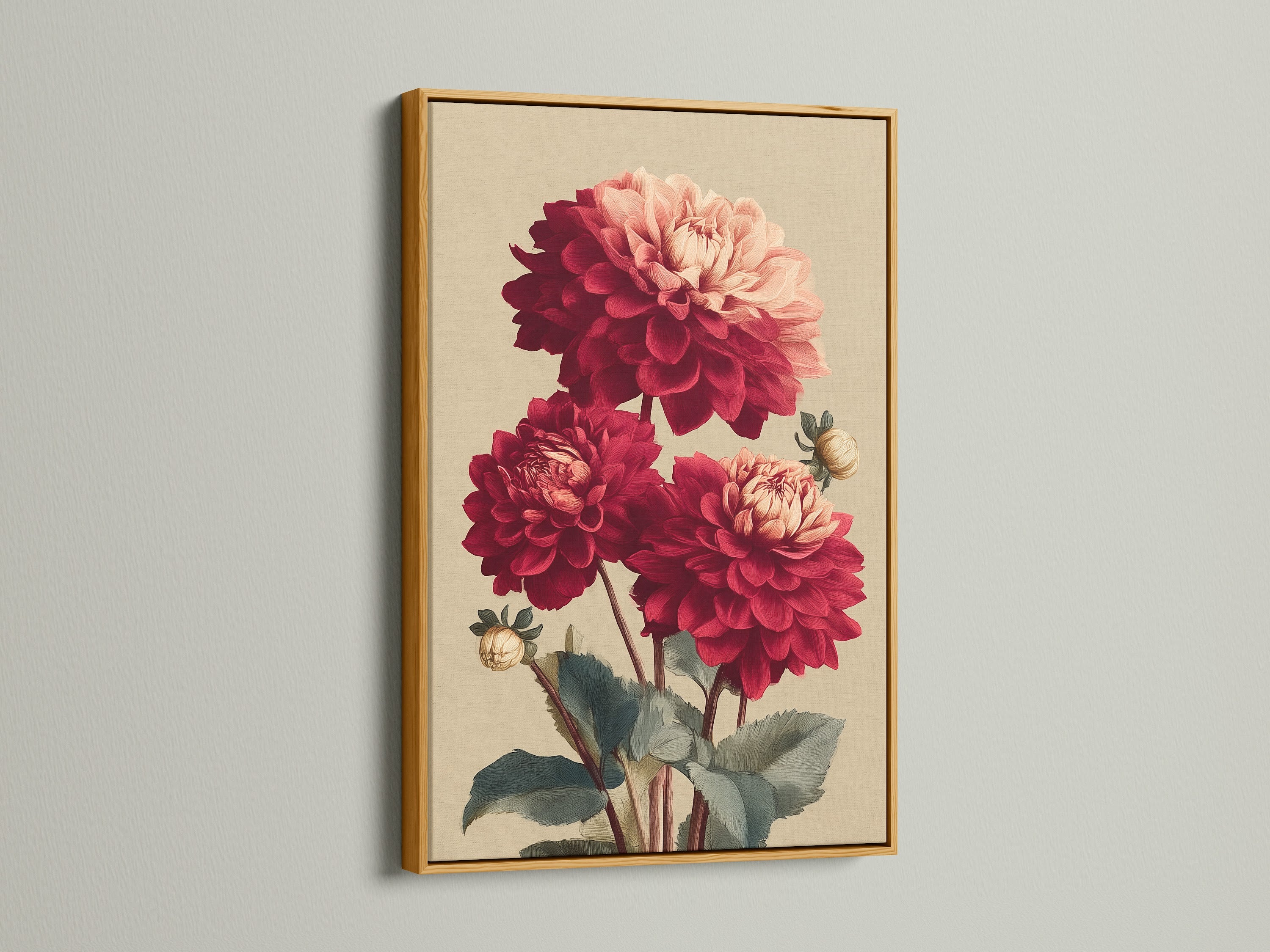 Dahlia Botanical Print with a gold frame. The gold frame adds a touch of elegance to this red flower artwork. A vintage botanical print that enhances your space. Perfect for a luxurious feel.