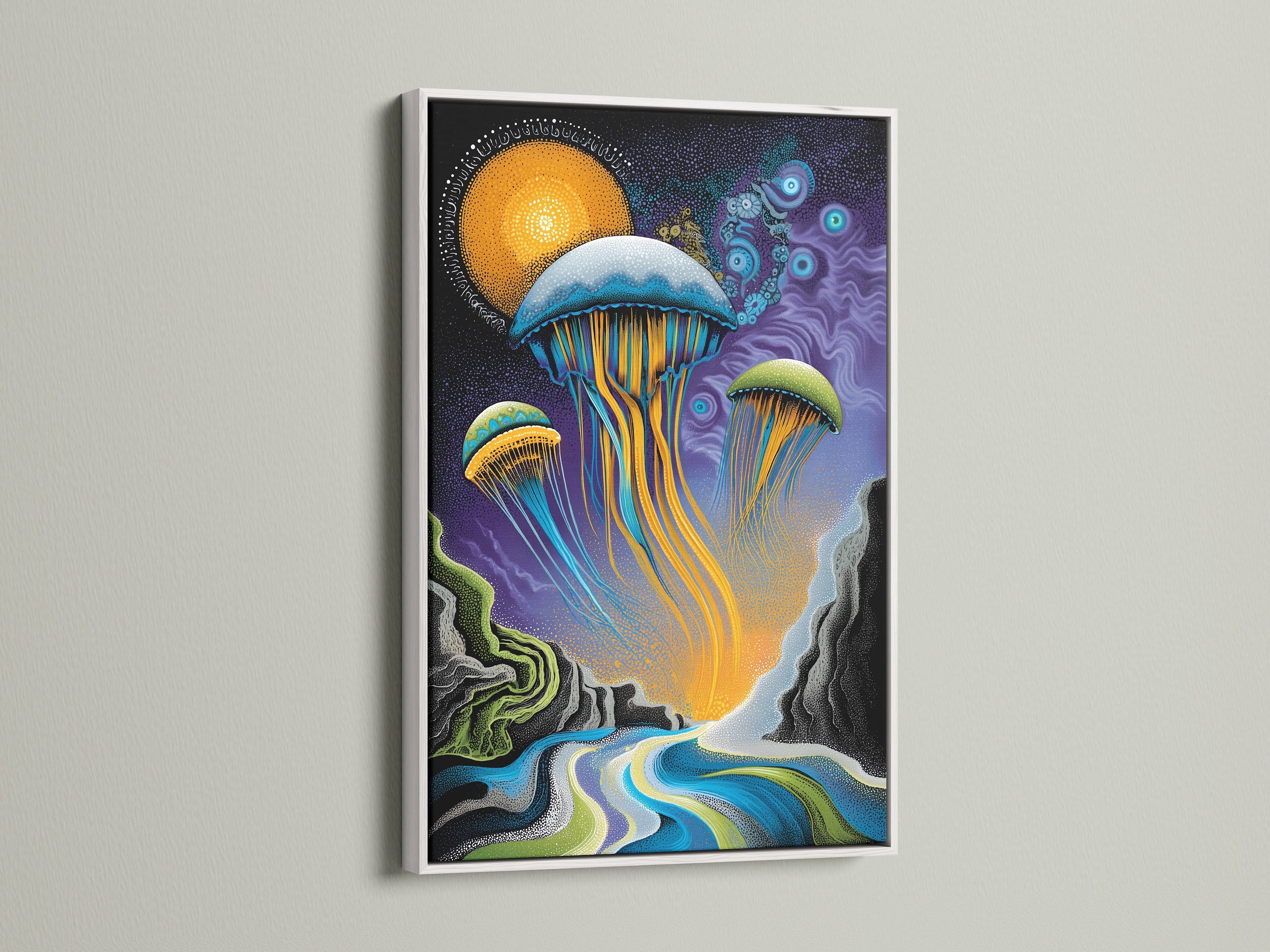 A vibrant jellyfish artwork presented in a clean white frame. This psychedelic sea print enhances your bedroom art. The surreal wall art offers a modern touch to your coastal decor. The blue and gold colors create a calming effect. Add a statement piece to your living room wall. This ocean canvas brings marine beauty indoors.