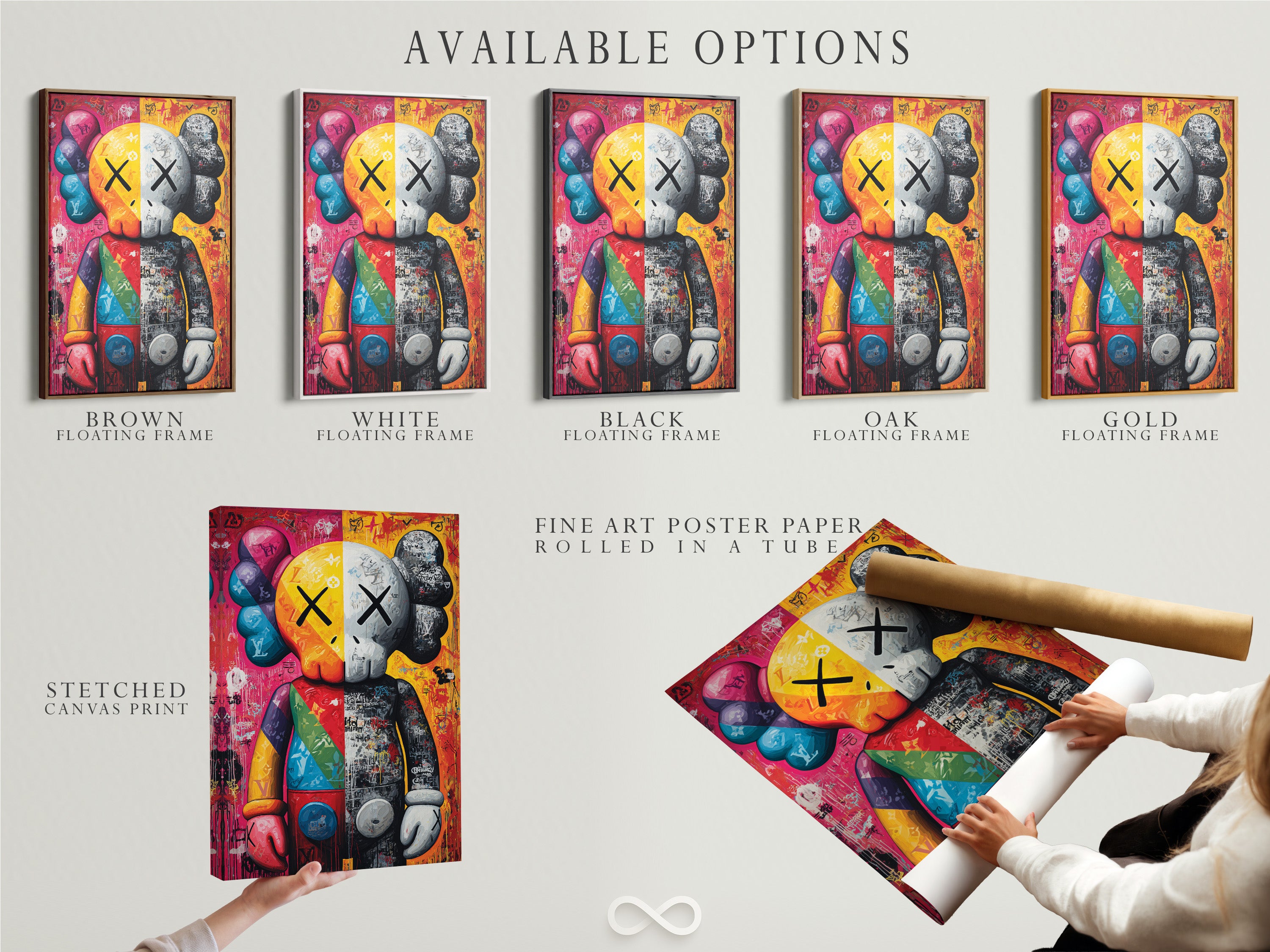 Available options for the KAWS Companion artwork. Choose from a stretched canvas print fine art poster paper or a floating frame. The street art canvas suits any style. Pop art graffiti poster for designer art lovers.