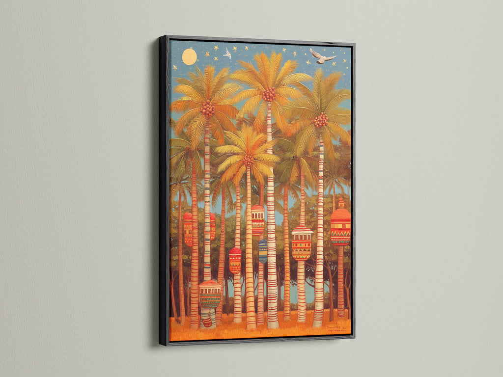 Palm Trees canvas print in a sleek black frame. This botanical print creates a summer art vibe. Ideal for coastal decor. A perfect piece of island art for your home.