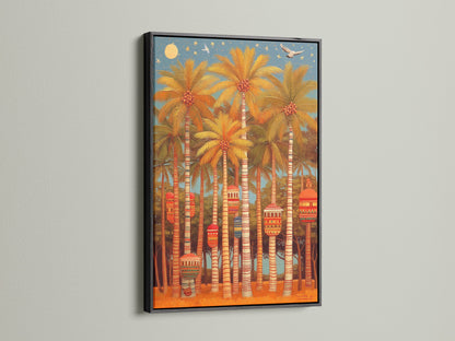 Palm Trees canvas print in a sleek black frame. This botanical print creates a summer art vibe. Ideal for coastal decor. A perfect piece of island art for your home.