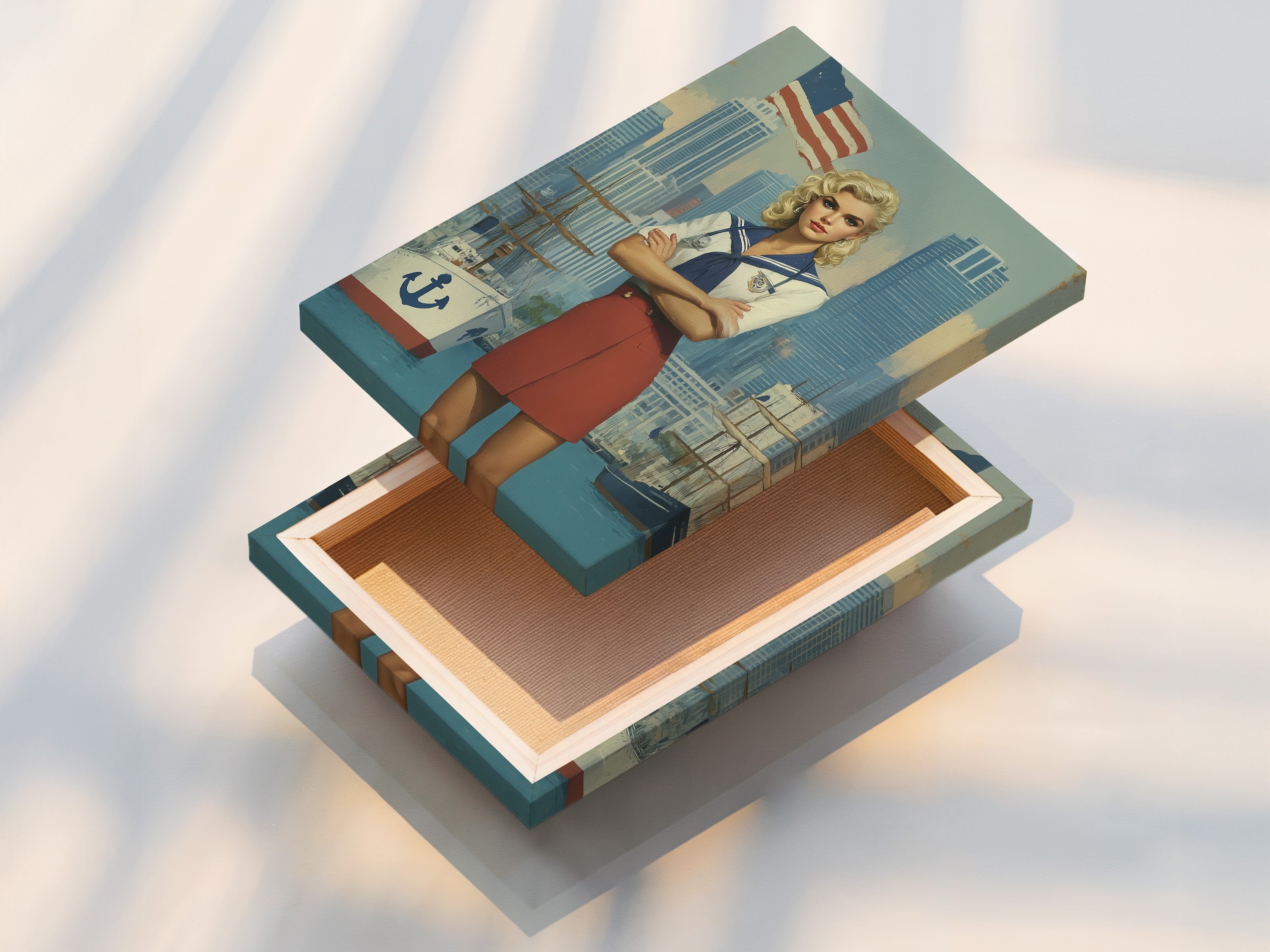 Stretched canvas print of vintage navy artwork. The sailor girl print embodies retro Americana charm. Ready to hang and perfect for nautical wall decor. Add a touch of vintage style to your home.