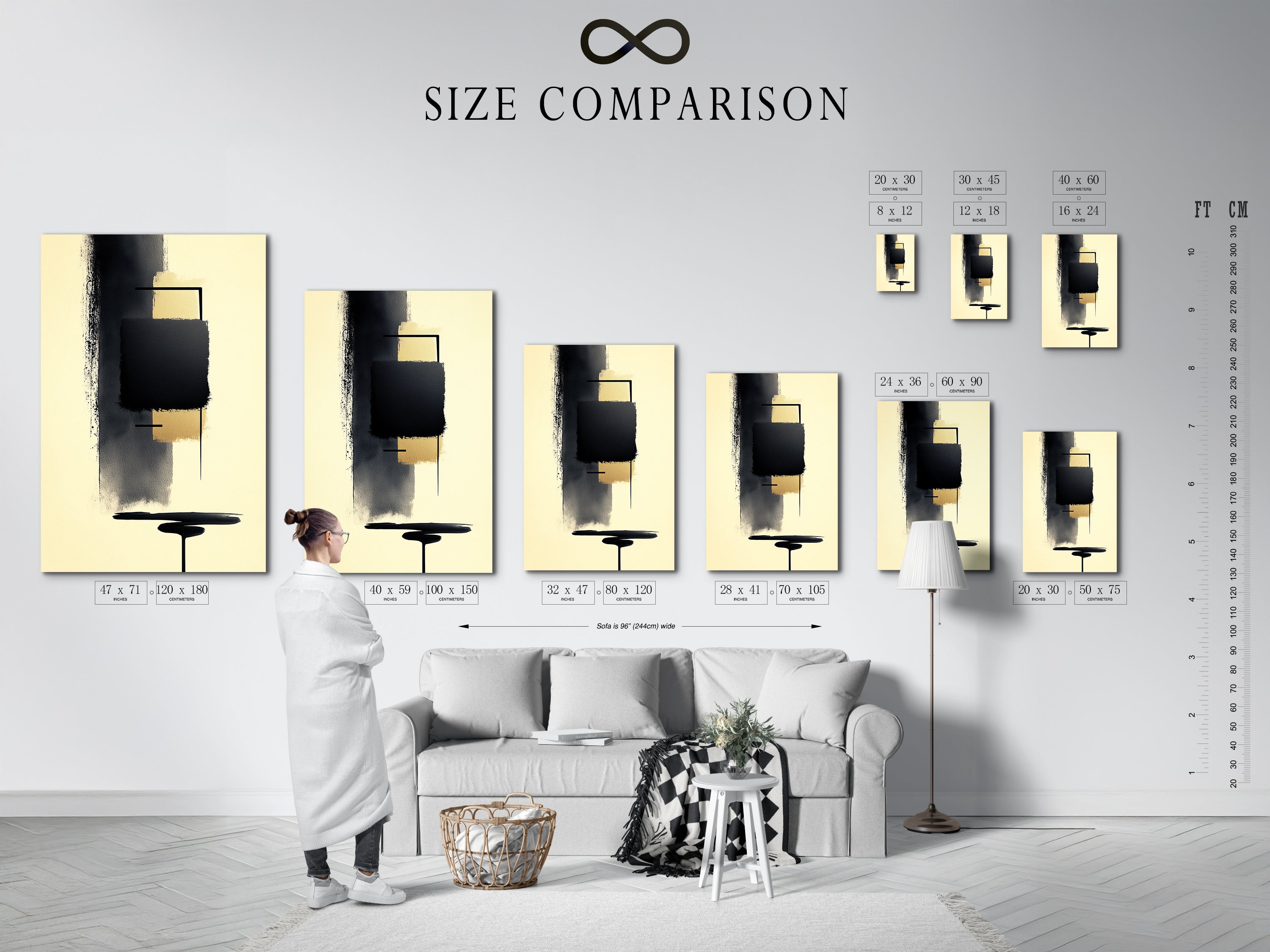 Size comparison chart of Abstract Shapes geometric art print in an interior setting. Visualize the perfect size for your space. Choose from various sizes to suit your needs. This modern canvas art features beige and black colors. Ideal for living room wall art bedroom wall decor or office wall art. Find the right fit for your home or office.