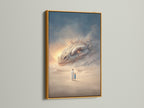 Surreal fantasy art print in a gold frame. The artwork showcases a desert dreamscape with a mystical creature. The gold frame adds a touch of luxury and elegance. This artwork is perfect for creating a focal point in any room. It is an ideal addition to libraries and playrooms adding a touch of fantasy.