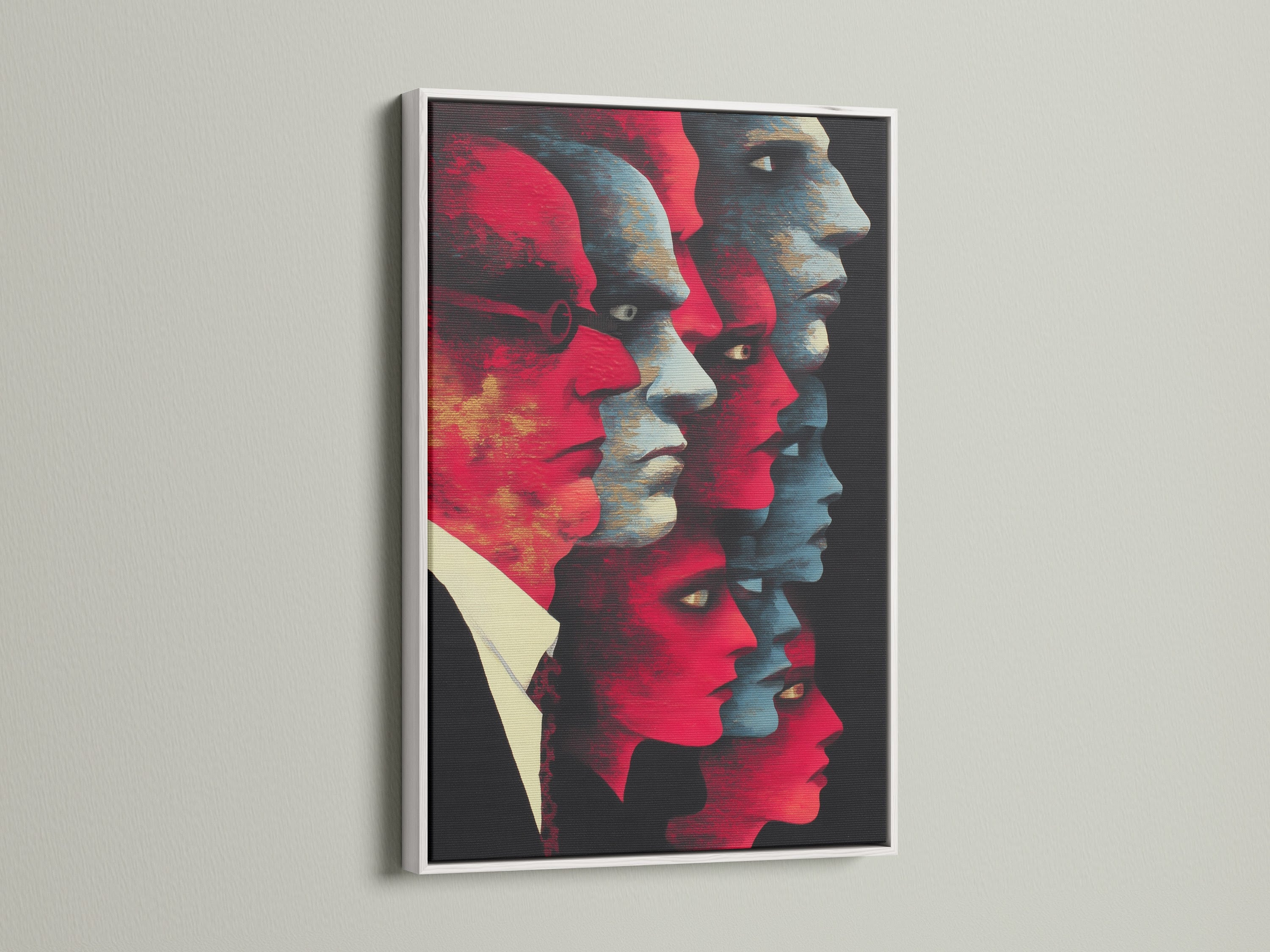 Modern abstract faces artwork displayed in a sleek white frame. The red and blue tones create a bold contemporary print. Perfect for adding a touch of face wall art to your space. This modern portrait enhances any room from living areas to boardrooms. A unique artwork that complements minimalist and urban styles.