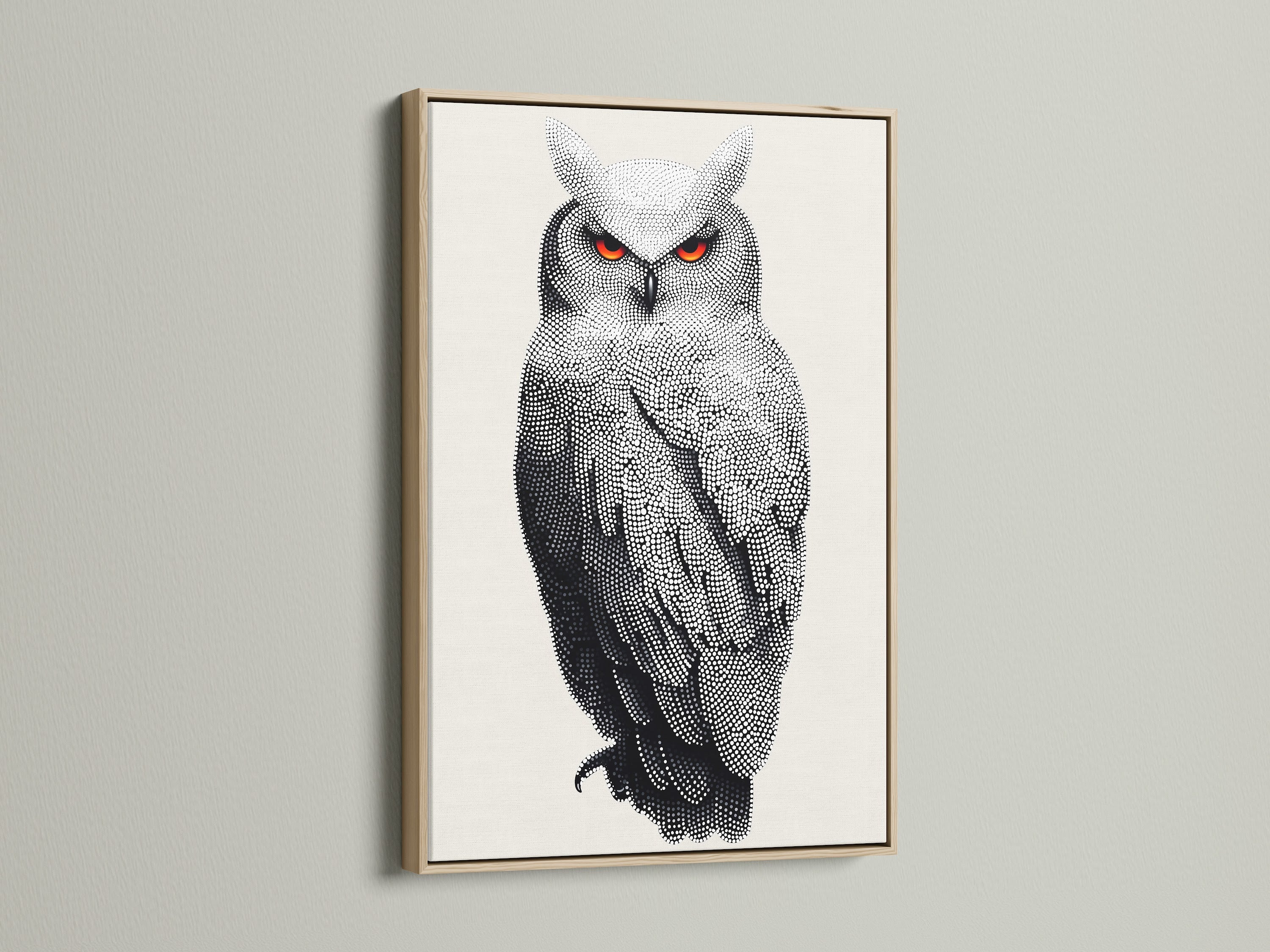 Enhance your space with this owl artwork in an oak frame. This dotted wildlife canvas adds modern animal art to any room. The bird art print is ideal for office or home decor. A contemporary print indeed.
