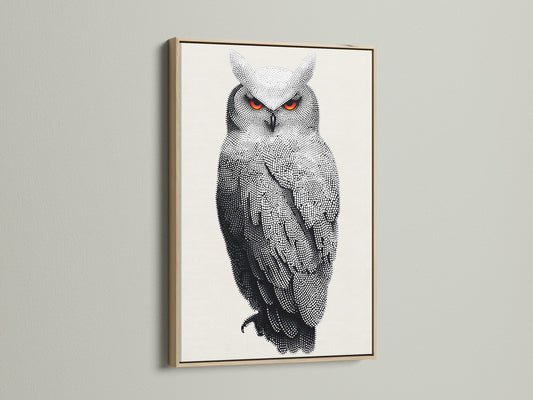 Enhance your space with this owl artwork in an oak frame. This dotted wildlife canvas adds modern animal art to any room. The bird art print is ideal for office or home decor. A contemporary print indeed.