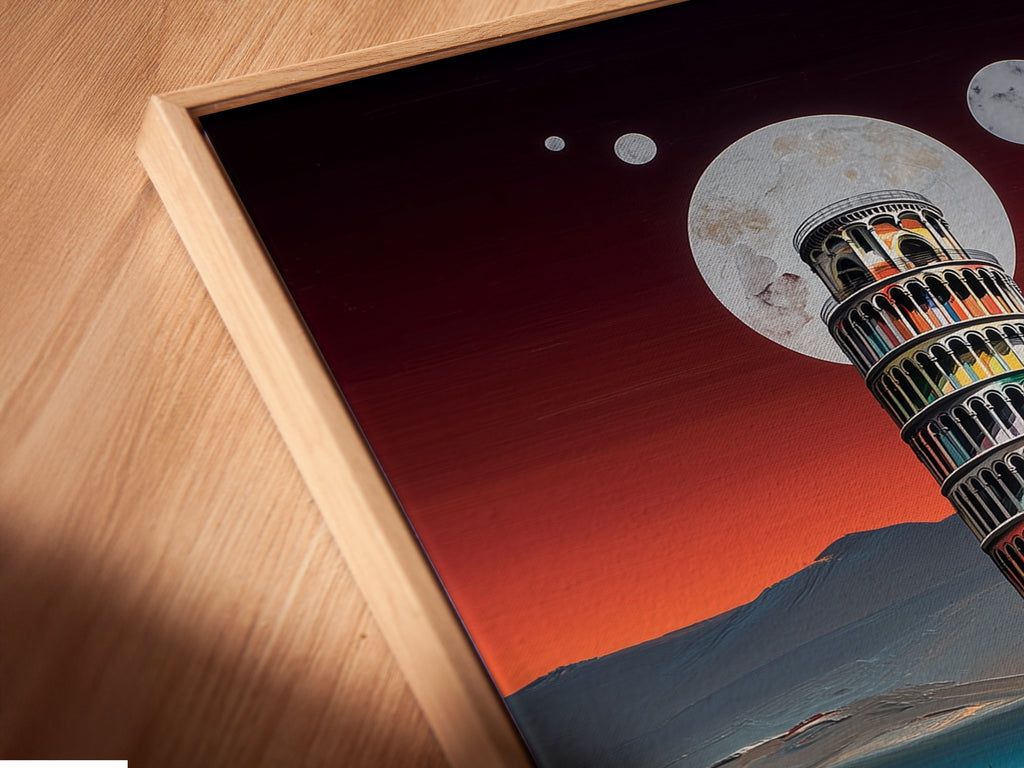 Experience the beauty of a floating frame canvas print. This angled close up reveals the unique depth and dimension. The floating frame enhances pisa tower artwork abstract landscape or modern canvas art. It is a stylish option for office wall decor living room wall art or contemporary wall decor. Discover the elegance.