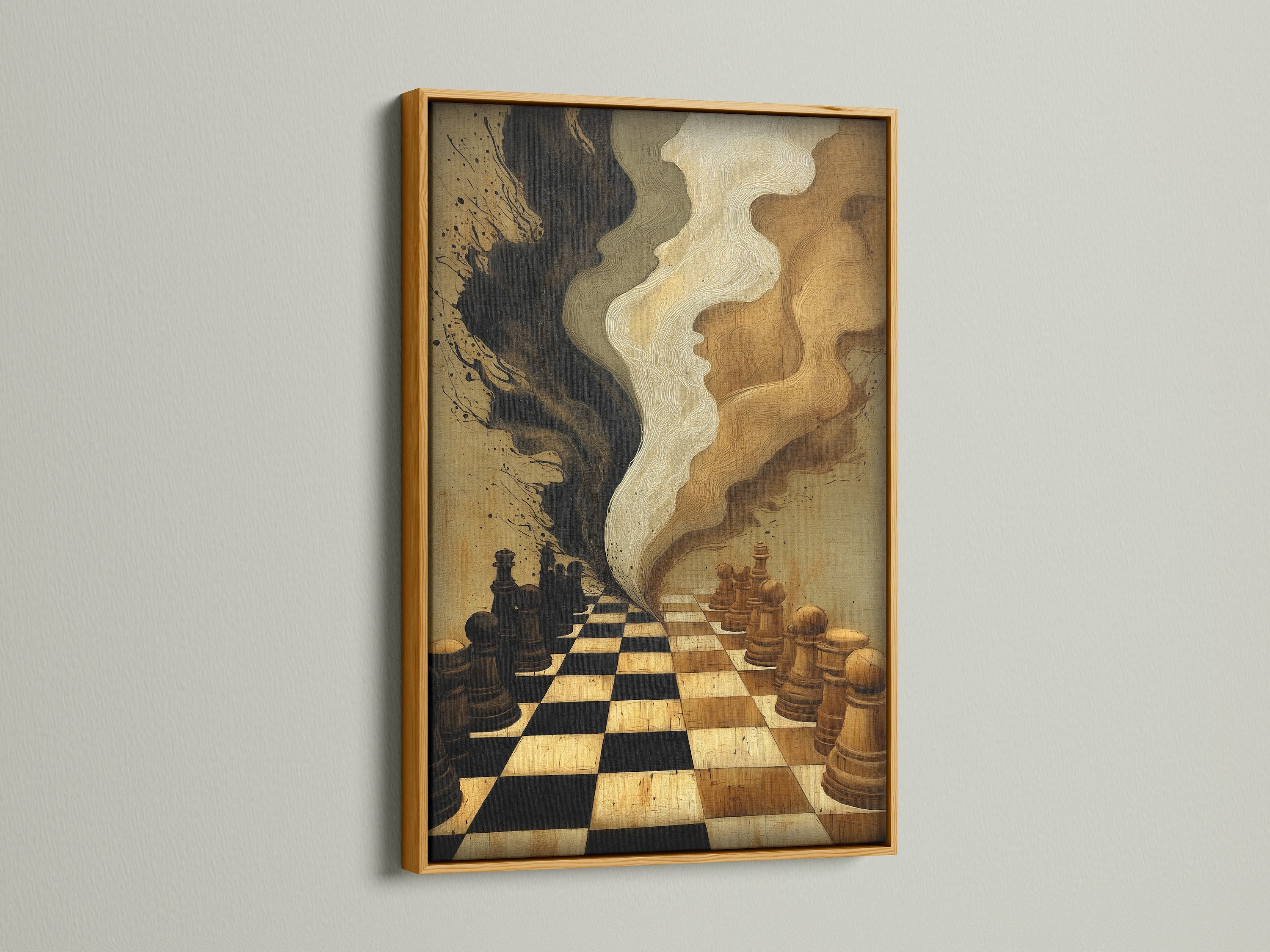 This chess game artwork is presented in a gold frame. The gold finish adds a luxurious touch to the abstract art print. It brings warmth and sophistication to any room. Ideal for creating a statement piece in your home.